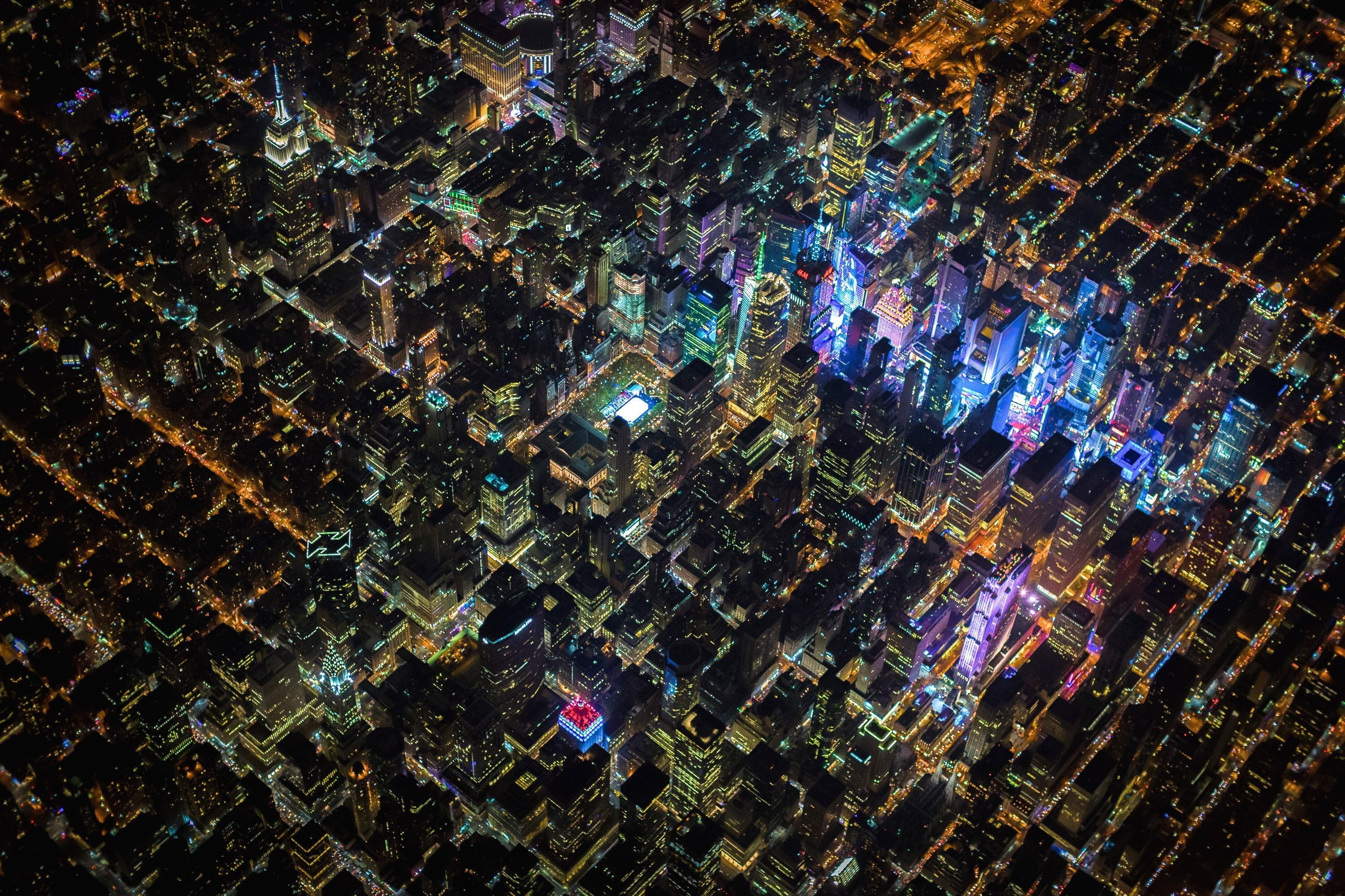 city, 2K, no people, building exterior, illuminated, decoration, full frame, modern, pattern, night, building, New York City, buildings, low angle view, HD Wallpaper