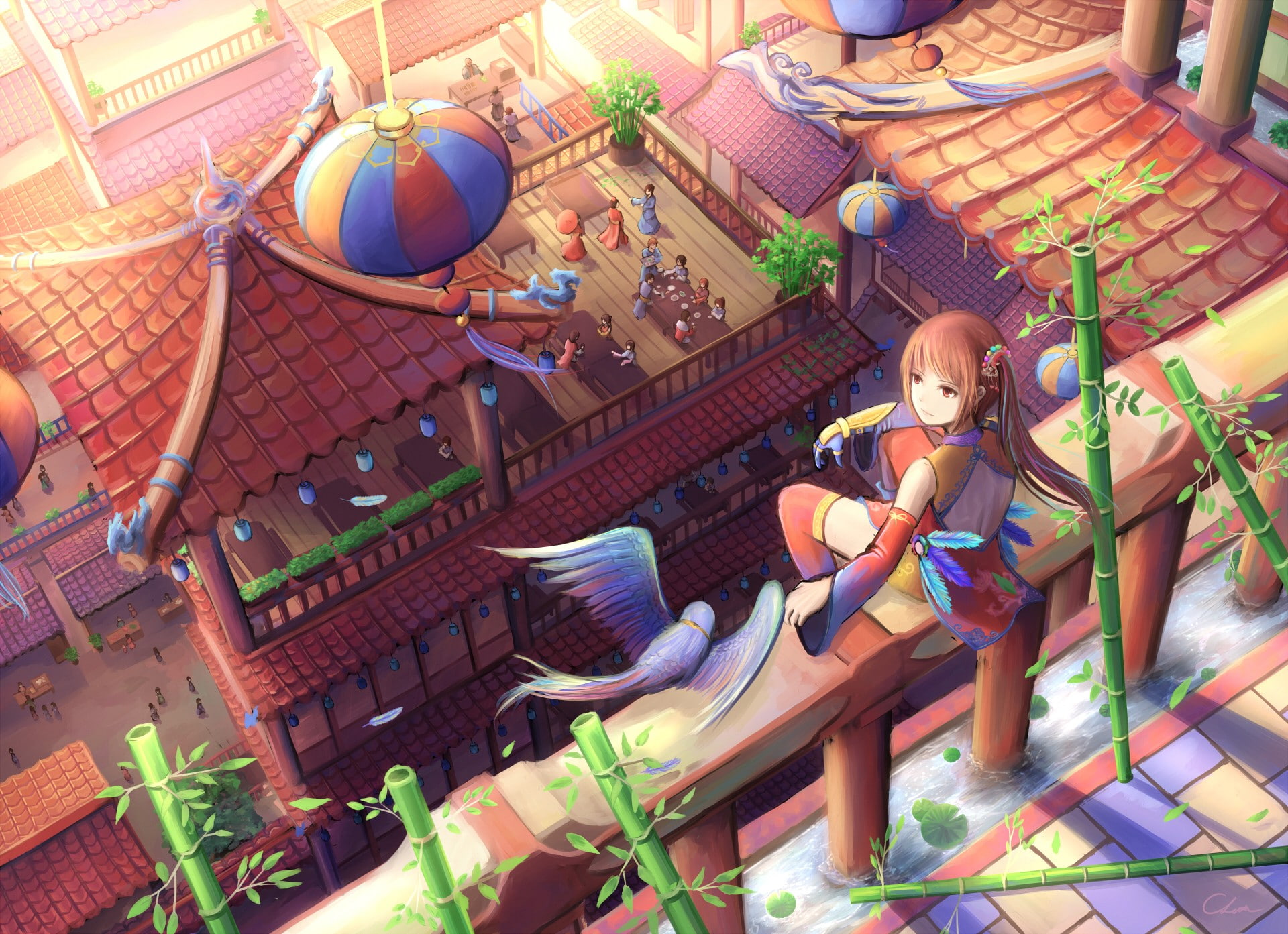 birds, oriental, balcony, 1080P, HD Wallpaper