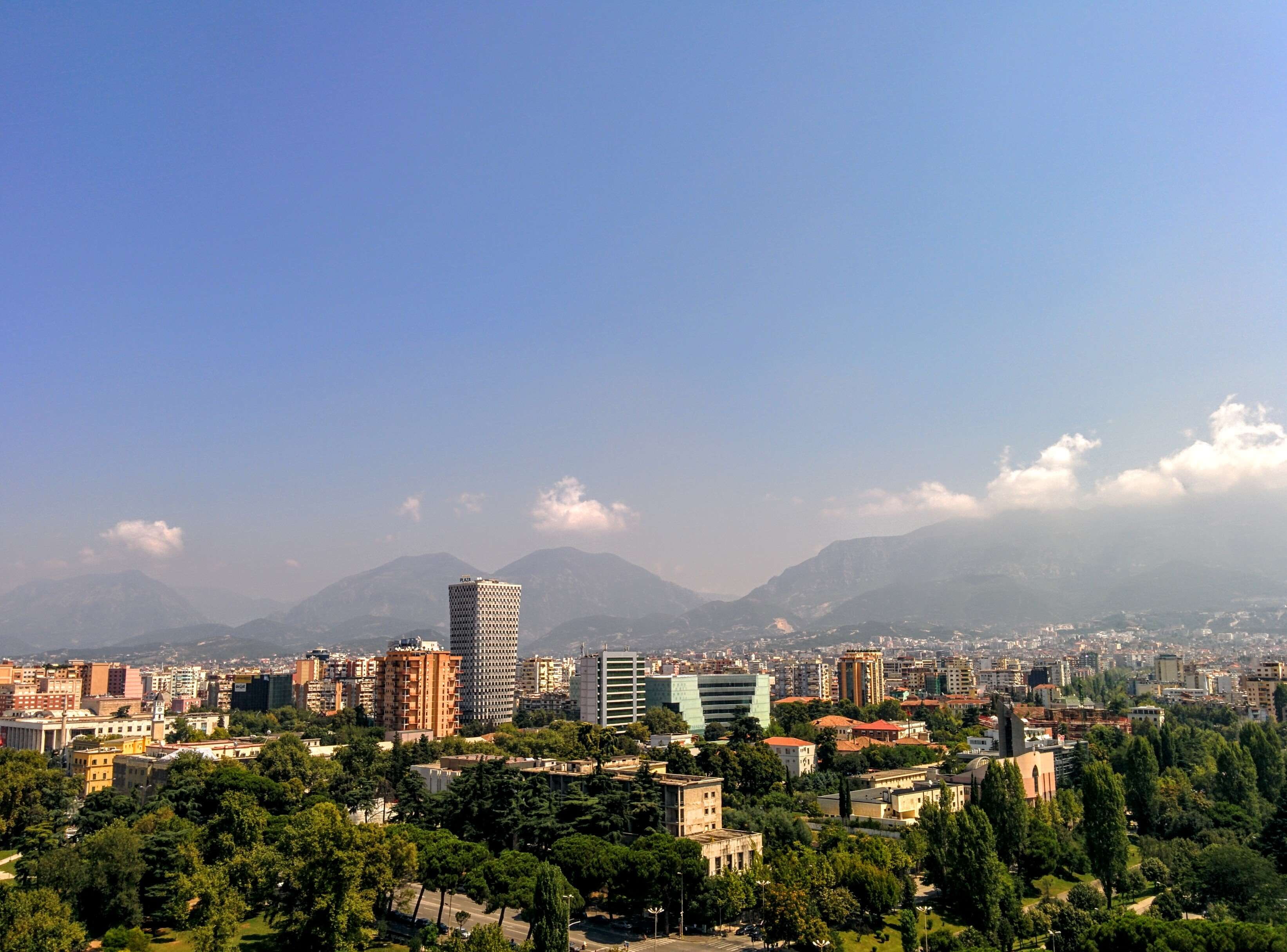 high angle view, building, plant, building exterior, sky, blue, tirana, architecture, settlement, cityscape, town, outdoors, albania, nature, no people, HD Wallpaper