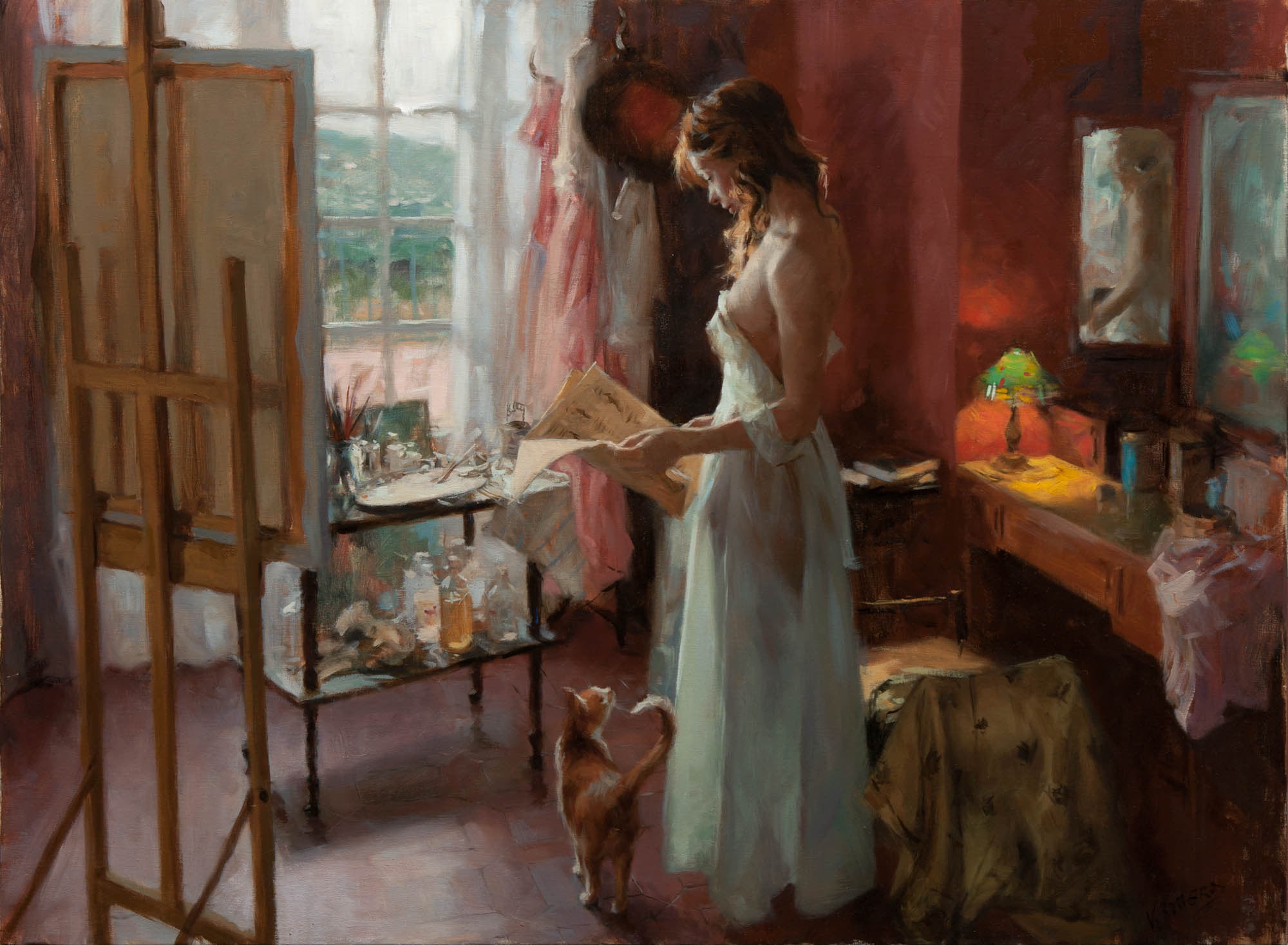 paper, cat, girl, fashion, hair, newspaper, dress, women, hairstyle, art, color Image, Vicente Romero, painting, table, room, standing, females, lamp, indoors, HD Wallpaper
