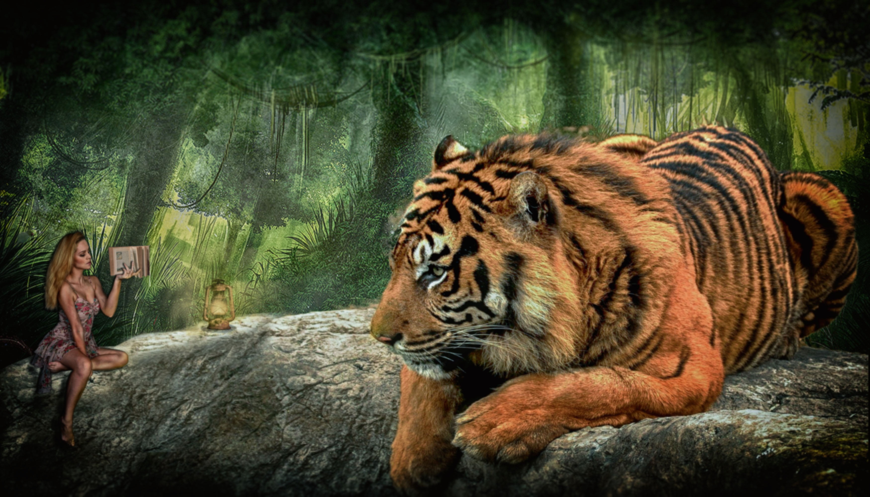 girl, sitting, tiger, feline, animals in the wild, painting, animal, nature, lying down, fairytale, mood, danger, read, woman, big cat, carnivore, 2K, HD Wallpaper