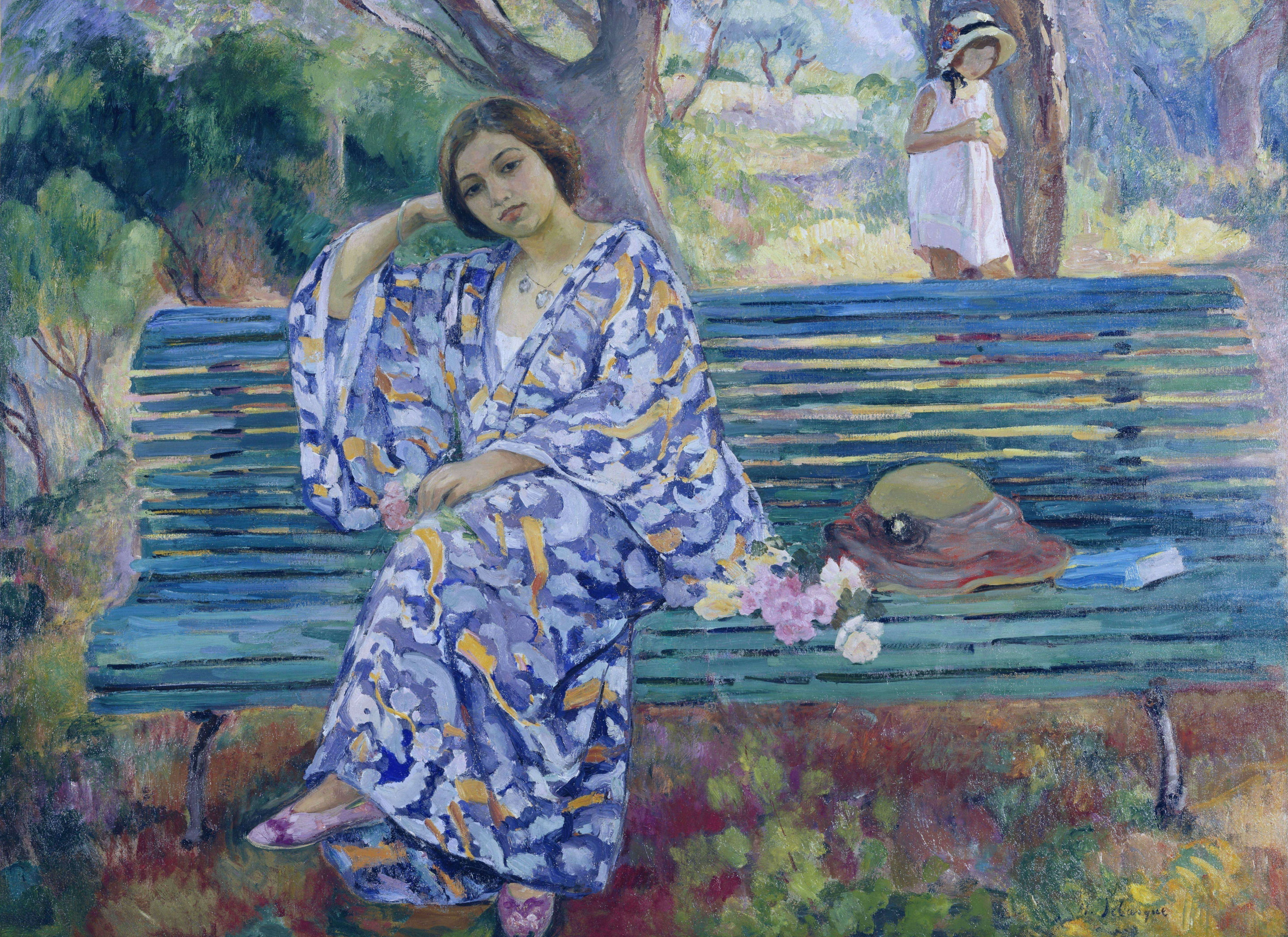 garden, green, Henri Lebacq, woman, sitting, Park, girl, painting, 2K, Young Woman Seated on a Bench, genre, picture, bench, HD Wallpaper