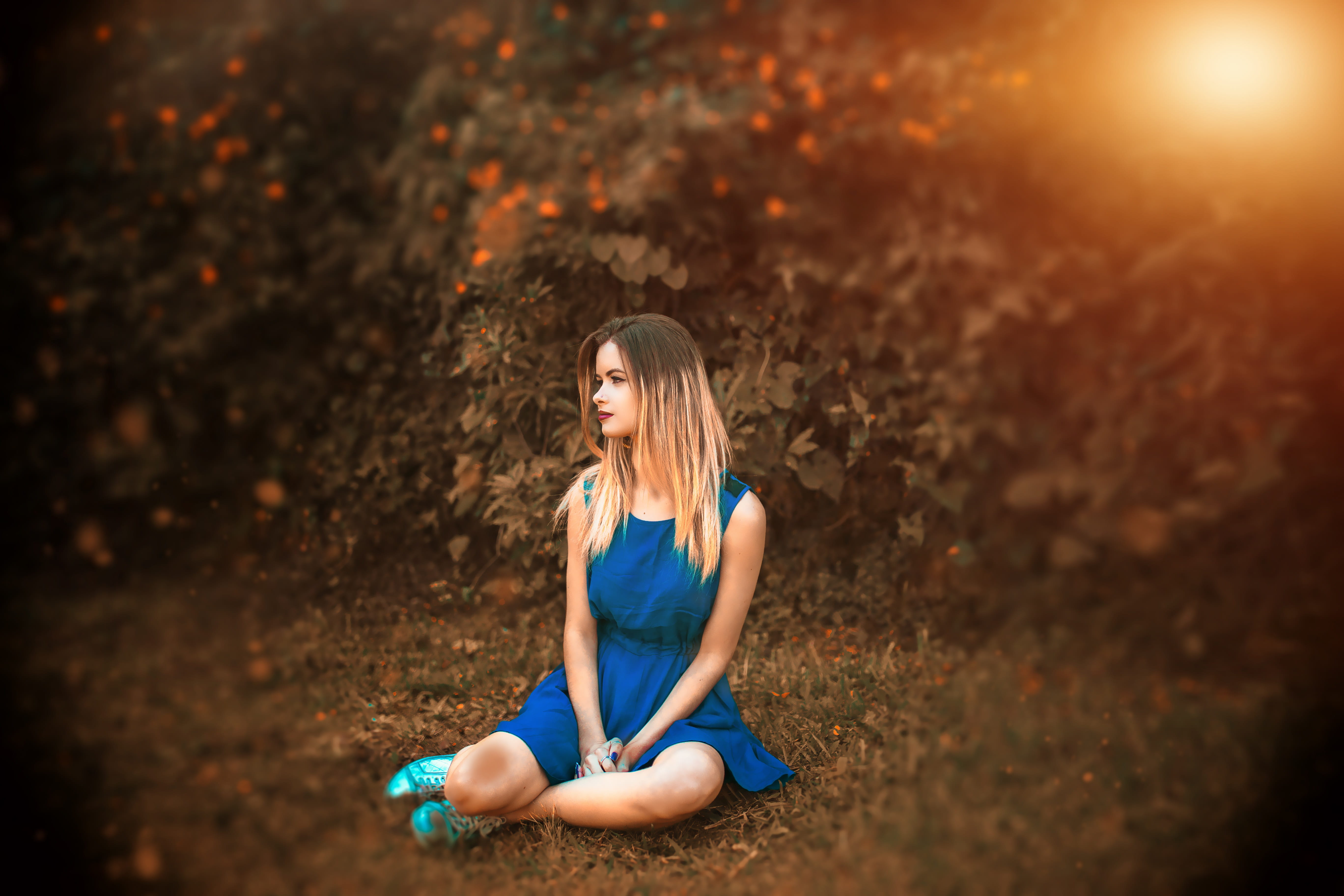 beautiful, young women, waiting, fresh, lifestyles, blue, ground, young adult, outdoor, care, dress, exercising, girl, contemplation, blossom, leisure activity, HD Wallpaper