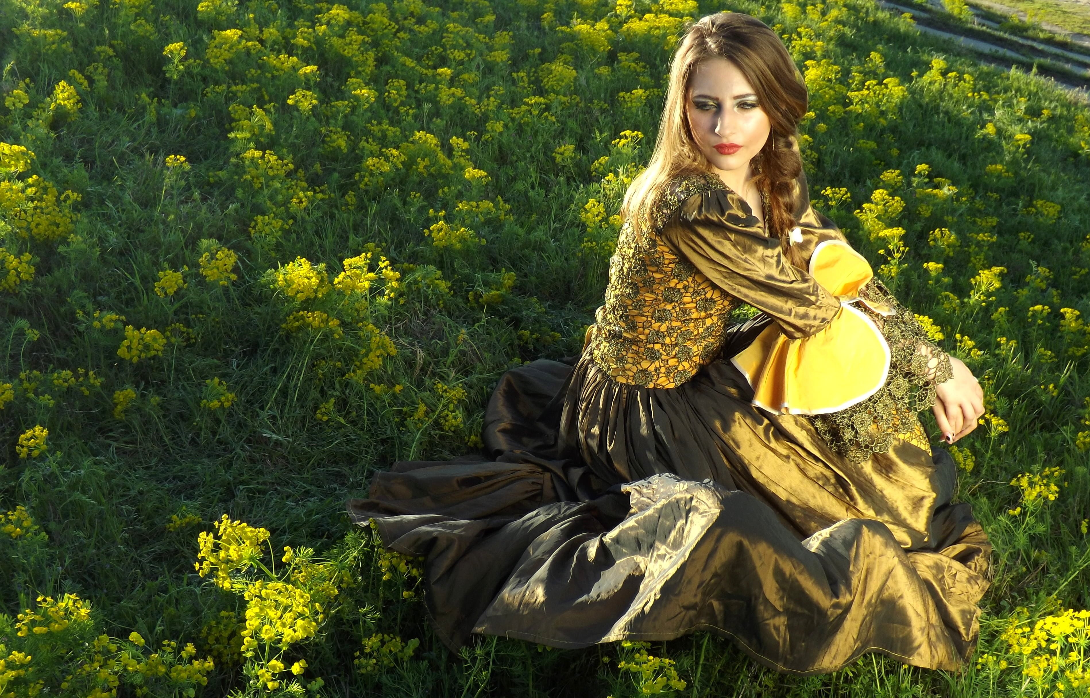 adult, one Person, females, dress, long hair, taken, nature, beauty, clothing, woman, women, plant, spring, contemplation, clouds, beautiful, hair, green color, HD Wallpaper