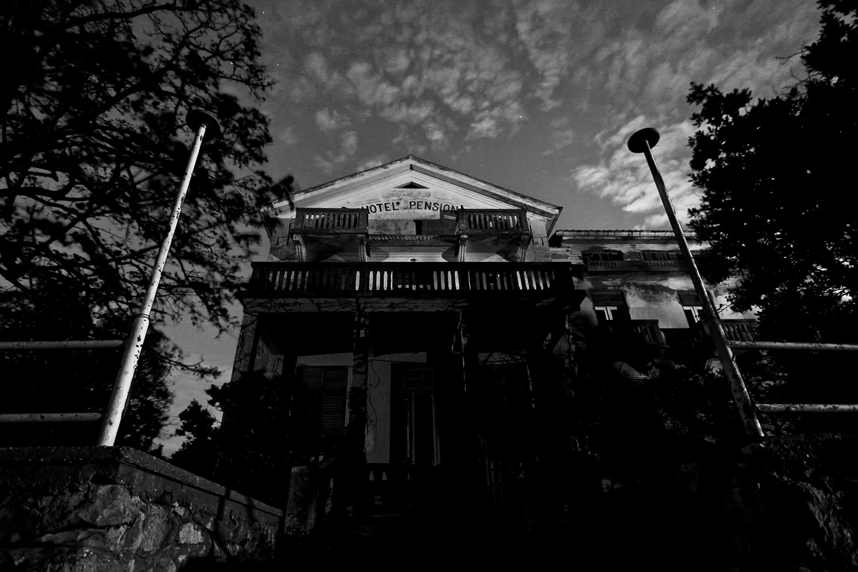 cloud - sky, house, monochrome, balcony, 2K, sky, growth, hotel, place of worship, plant, outdoors, architecture, low angle view, tower, horror, nature, HD Wallpaper