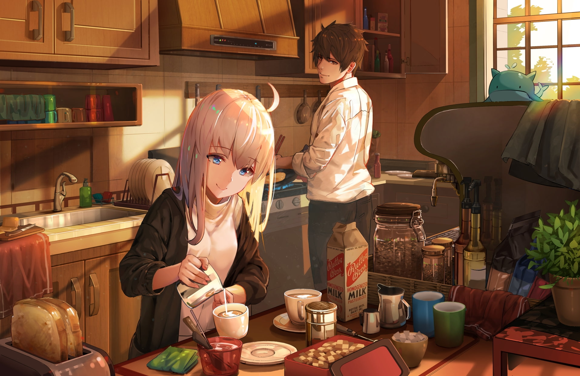 two people, drink, lifestyles, domestic kitchen, mug, Anime, adult, cup, people, home, positive emotion, table, men, 720P, domestic life, food, kitchen, HD Wallpaper