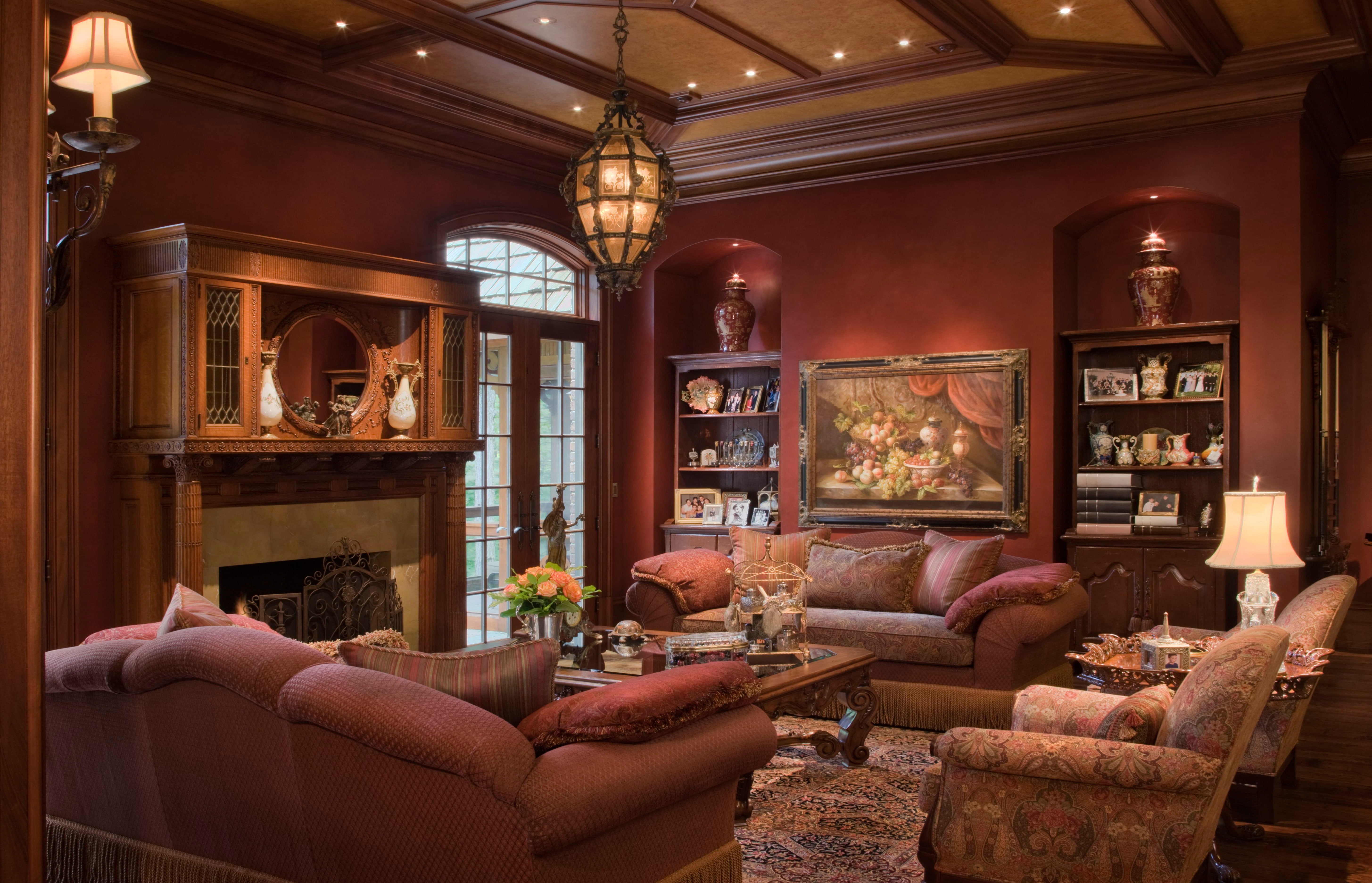 sofa, living room, cozy, furniture, interior, antique, table, chair, chandelier, luxury, design, the ceiling, armchair, 5K, set, fireplace, lighting equipment, HD Wallpaper