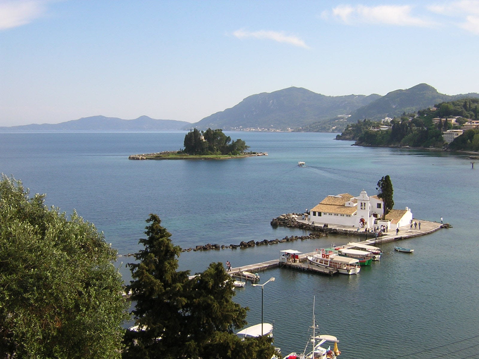 Monastery, plant, Corfu, Pontikonisi, scenics, photos, building exterior, nautical vessel, land, summer, tree, Kanoni, outdoors, 720P, no people, beauty in nature, HD Wallpaper