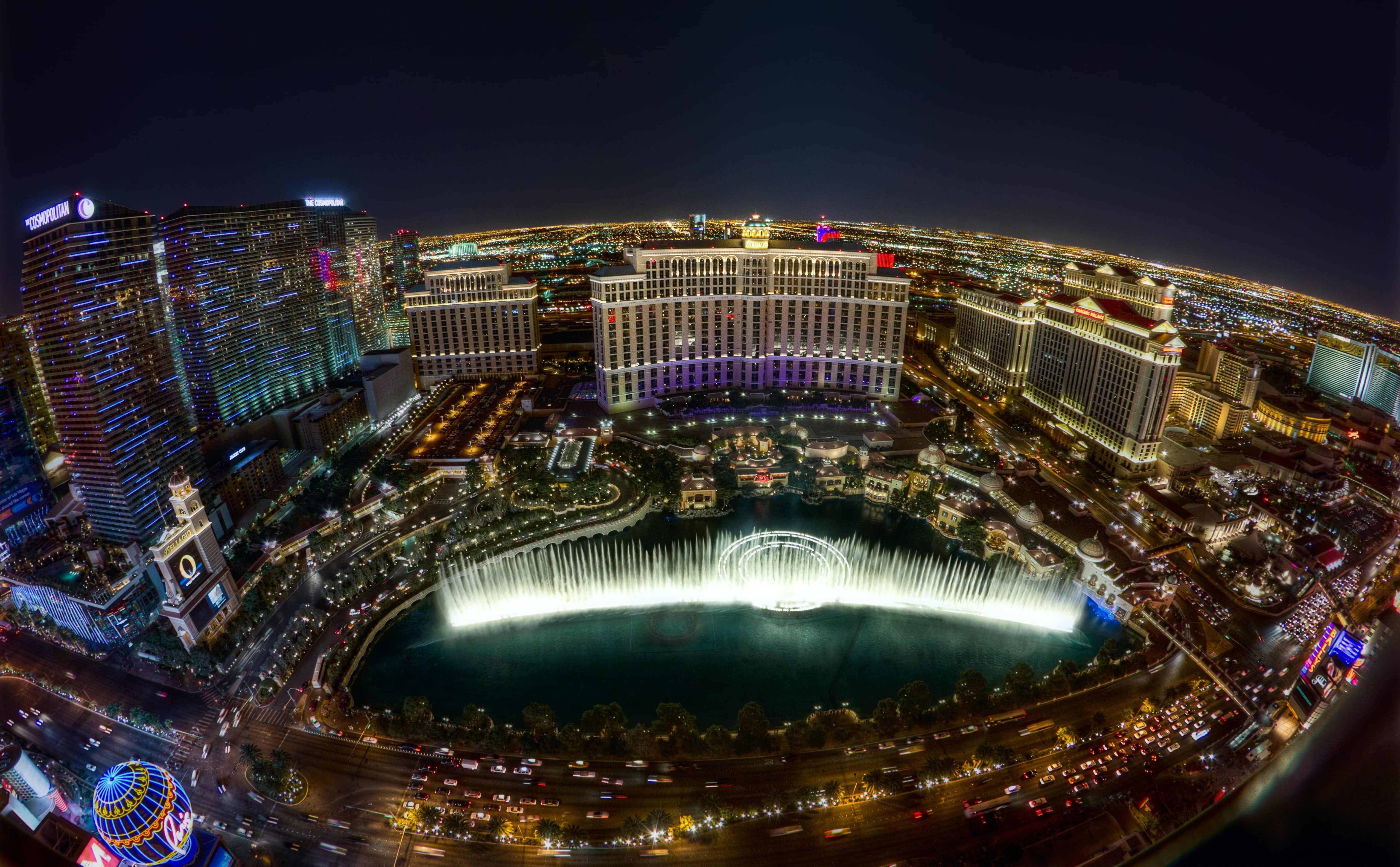 5K, top, sky, fish-eye lens, illuminated, night, Strip, Fountains at Bellagio, travel destinations, United States, motion, Caesars Palace, cosmopolitan, HD Wallpaper