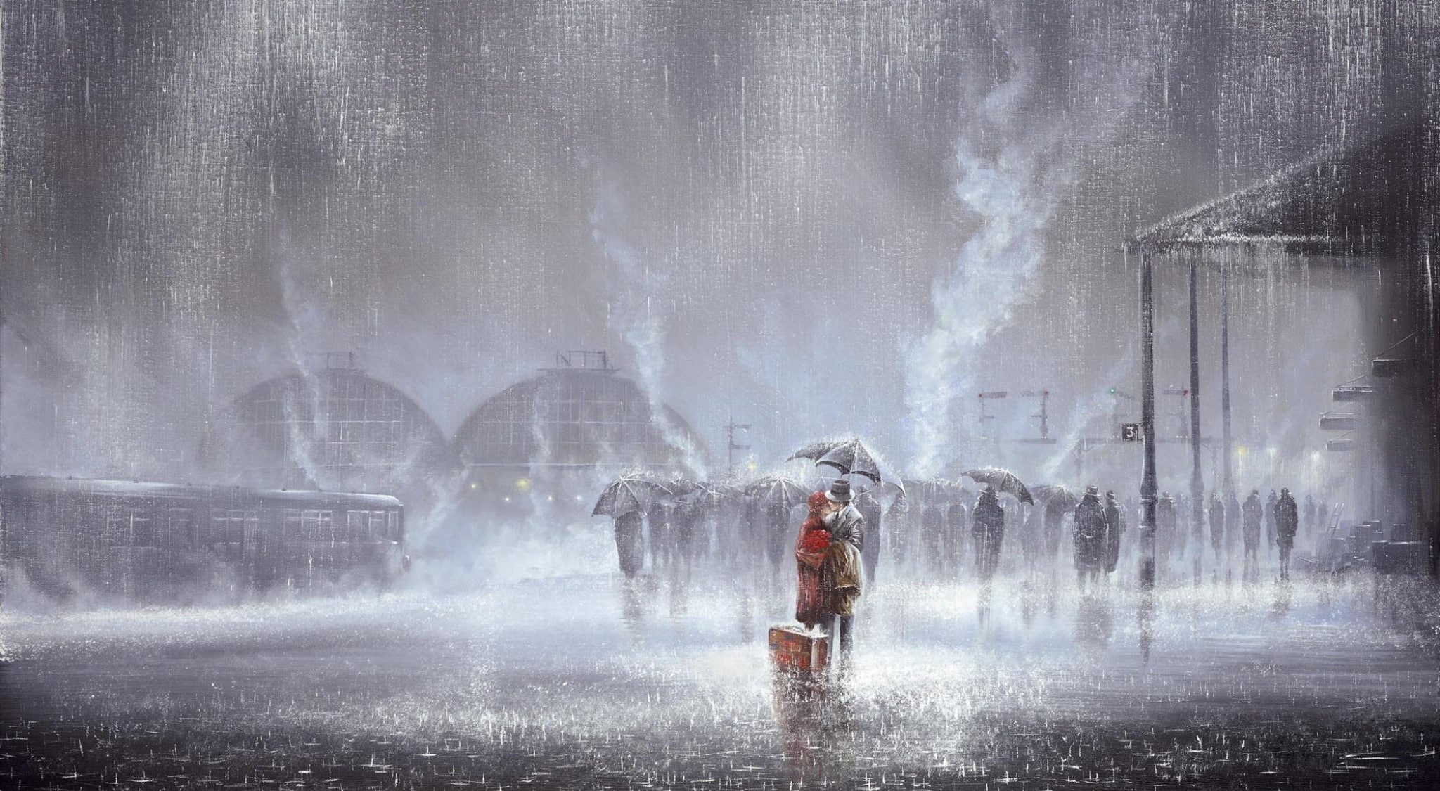 standing, adult, Rain, wet, 1080P, fog, environment, Romance, industry, architecture, Station, umbrella, one person, day, men, textured effect, full length, HD Wallpaper