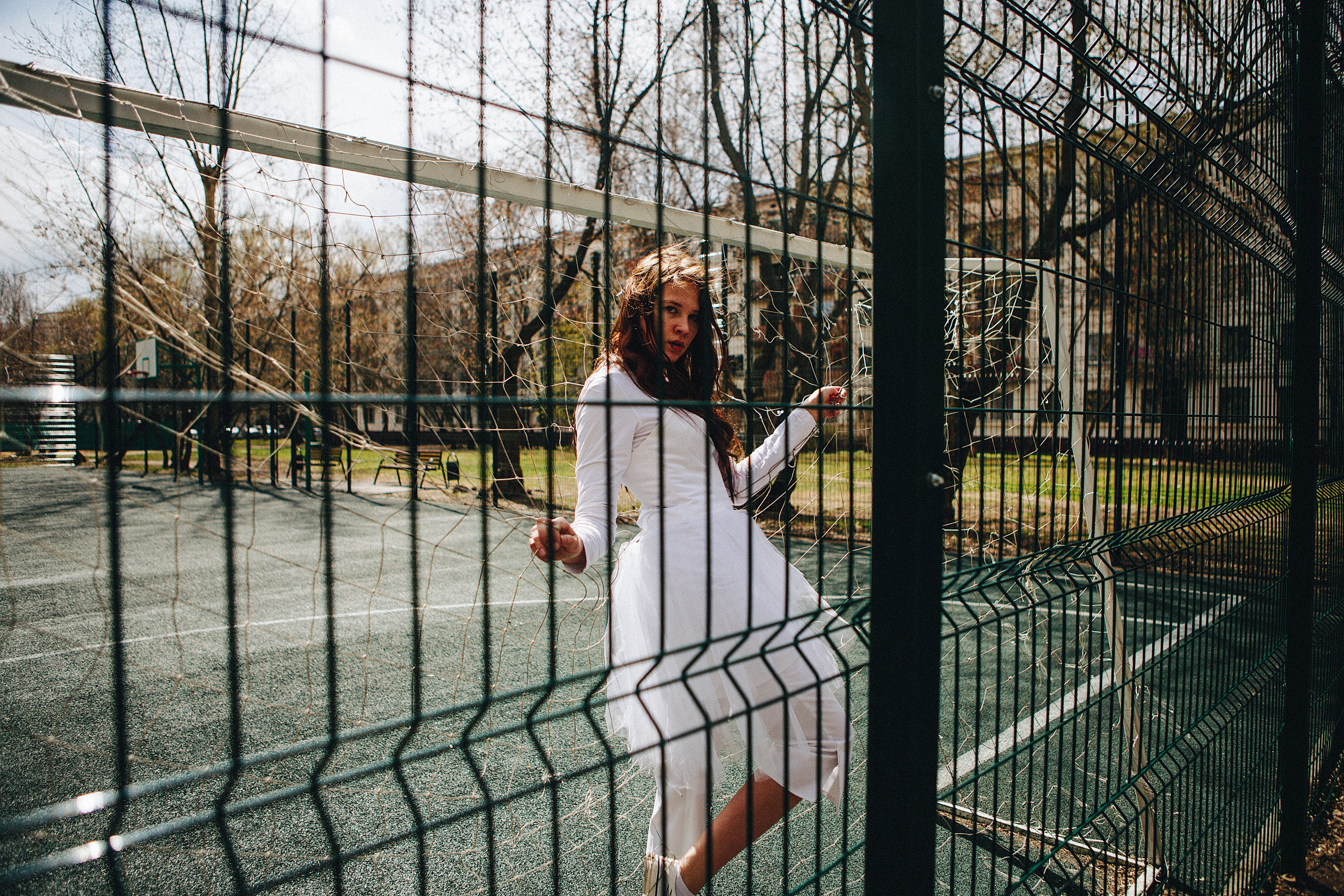 sport, fence, casual clothing, view, model, mystic, Ballet, scene, long, hairstyle, people, hand, sitting, one person, nature, leaves, white dress, dancing, HD Wallpaper