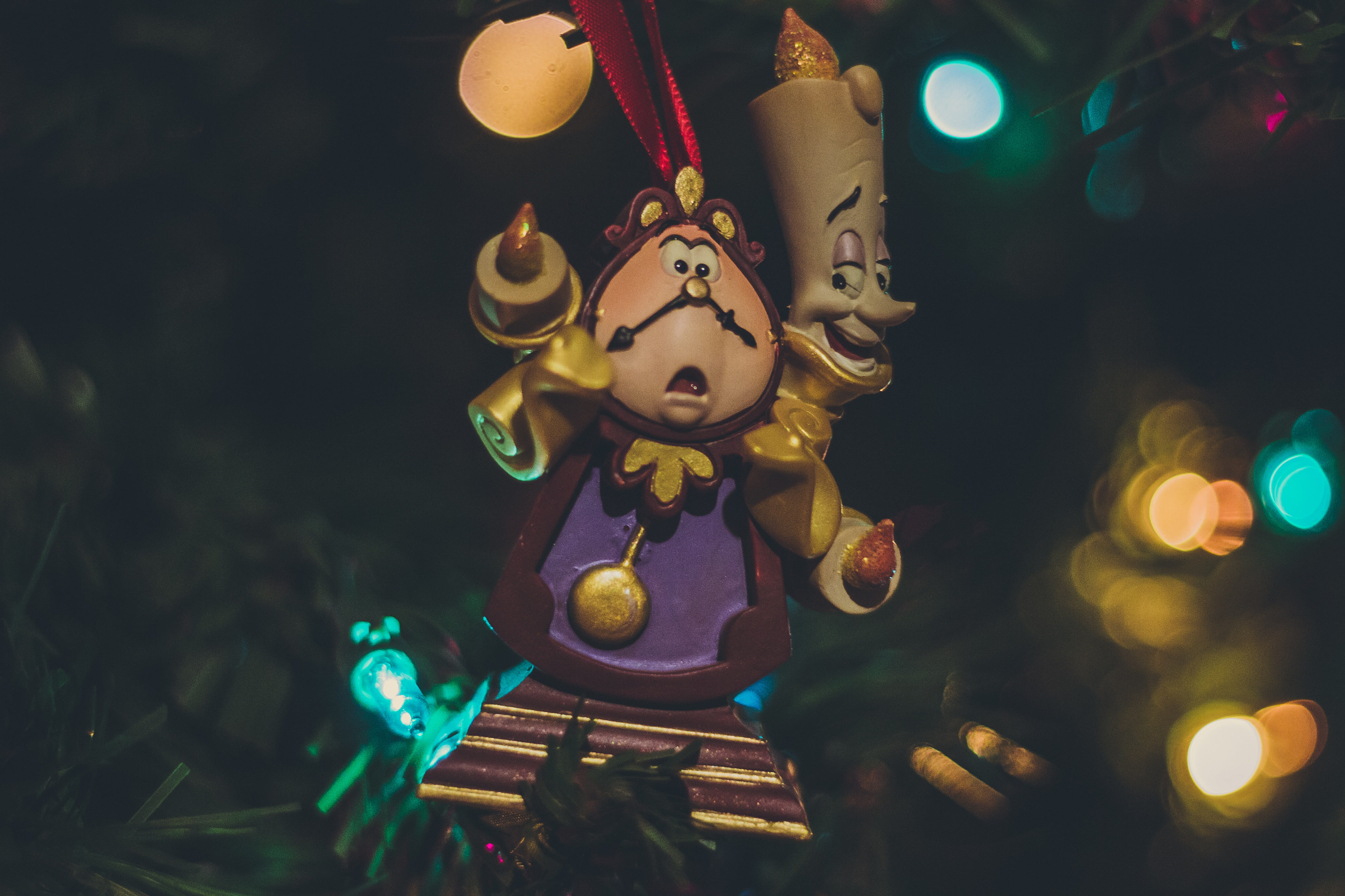 tree, toy, decor, illuminated, character, lumiere, celebration, beauty and the beast, male likeness, religion, baubles, figurine, christmas ornament, representation, HD Wallpaper
