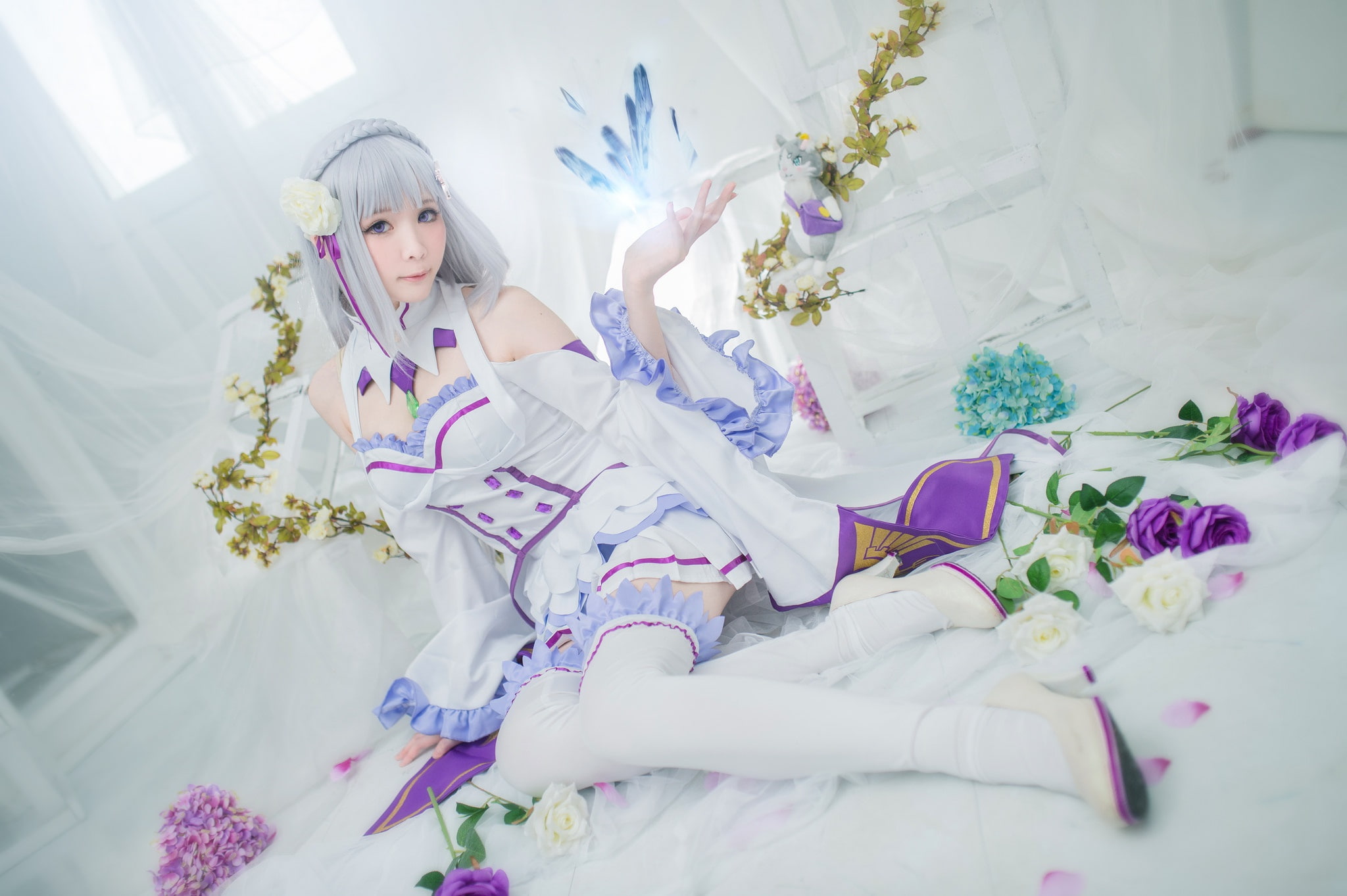 costume, face, light background, cosplay, flowers, fabric, magic, look, bangs, stockings, shoes, elf, cutie, image, light, roses, Asian, feet, tulle, 1080P, HD Wallpaper
