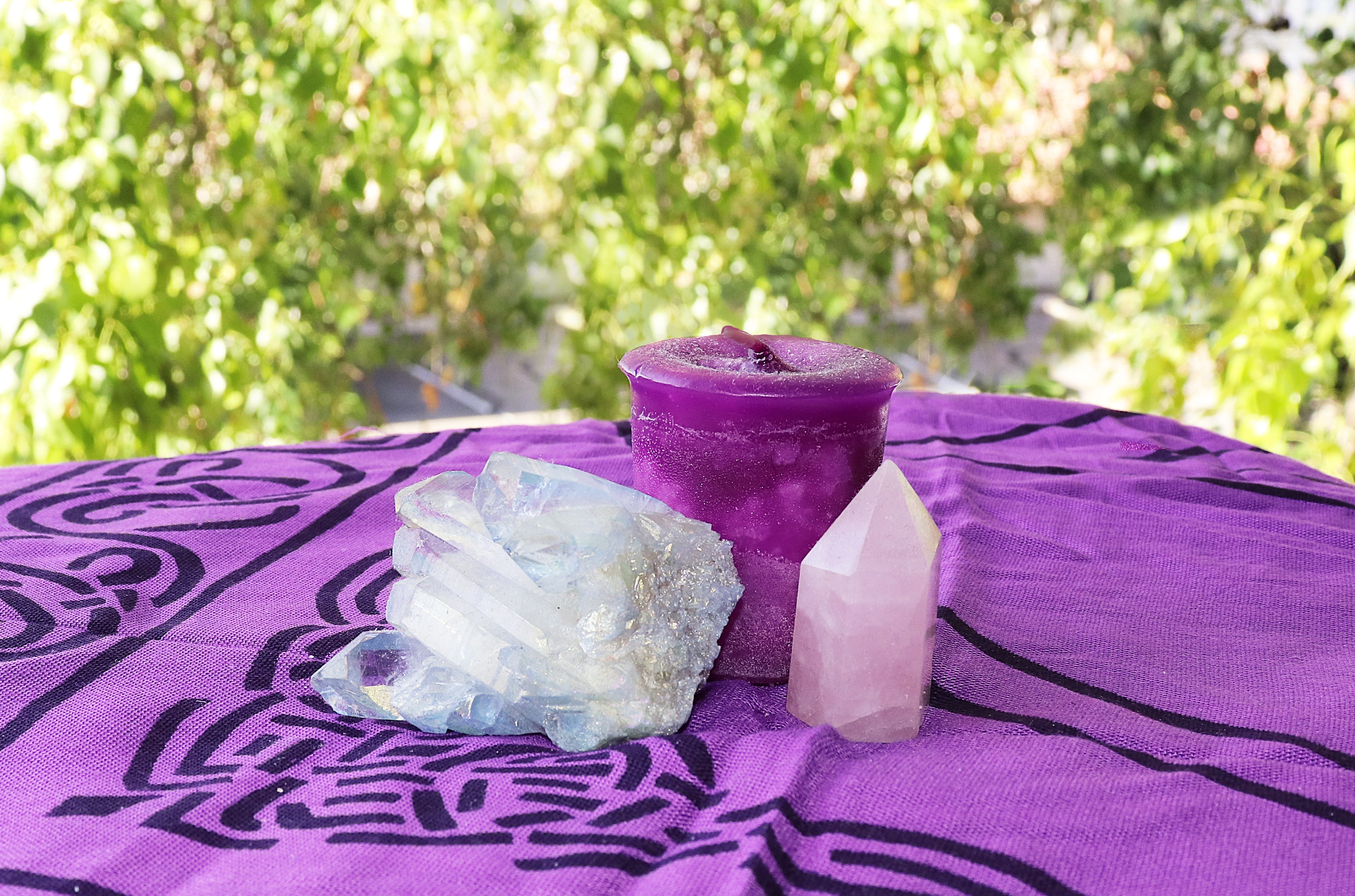 food and drink, light, blue, plant, table, no people, bag, outdoors, rose quartz, magick, candle, magic, tree, day, still life, purple, plastic bag, crystals, HD Wallpaper