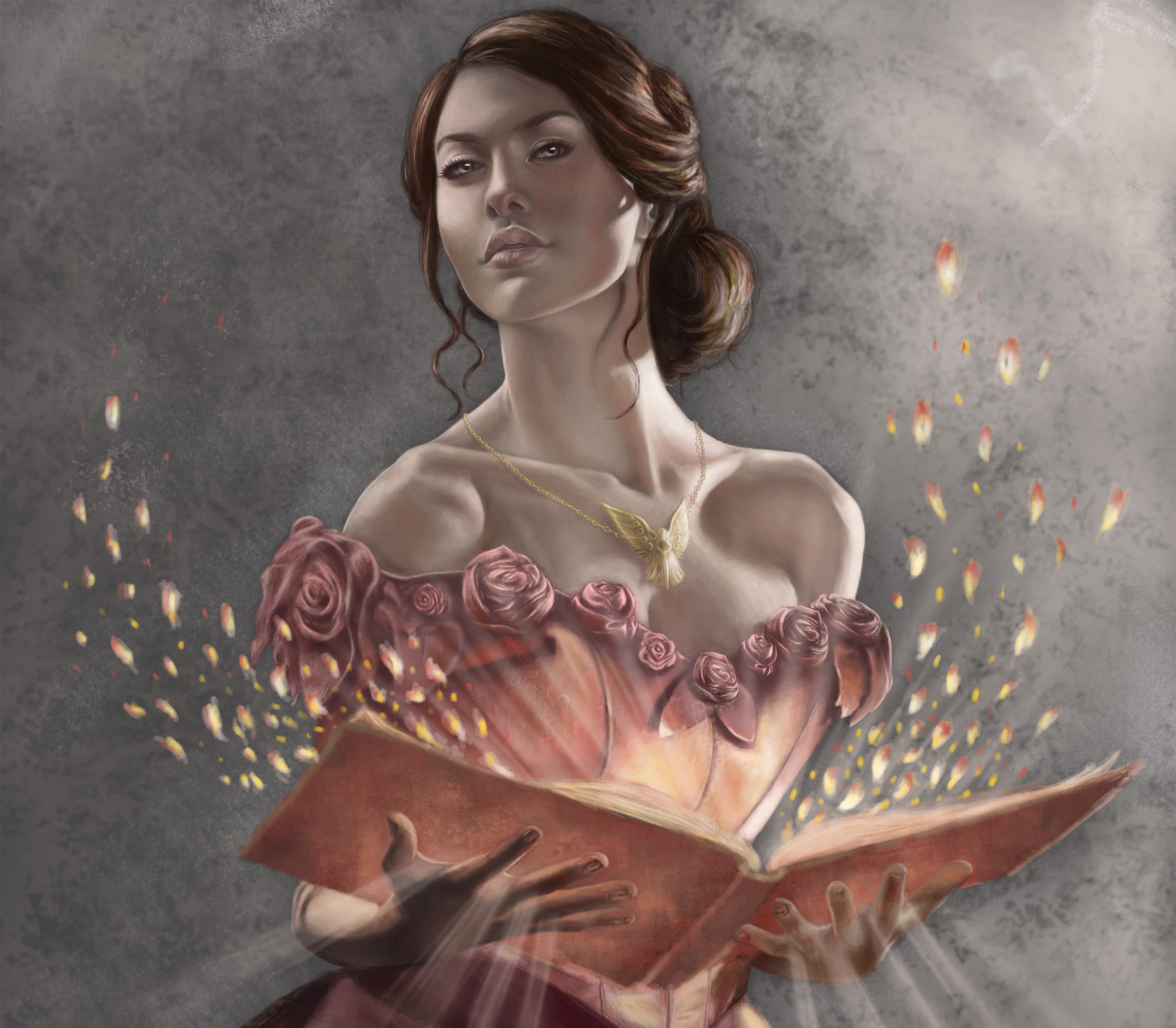 Girl, Book, Women, Pendant, Fantasy, Dress, Light, Woman, 2K, Rose, Magic, HD Wallpaper