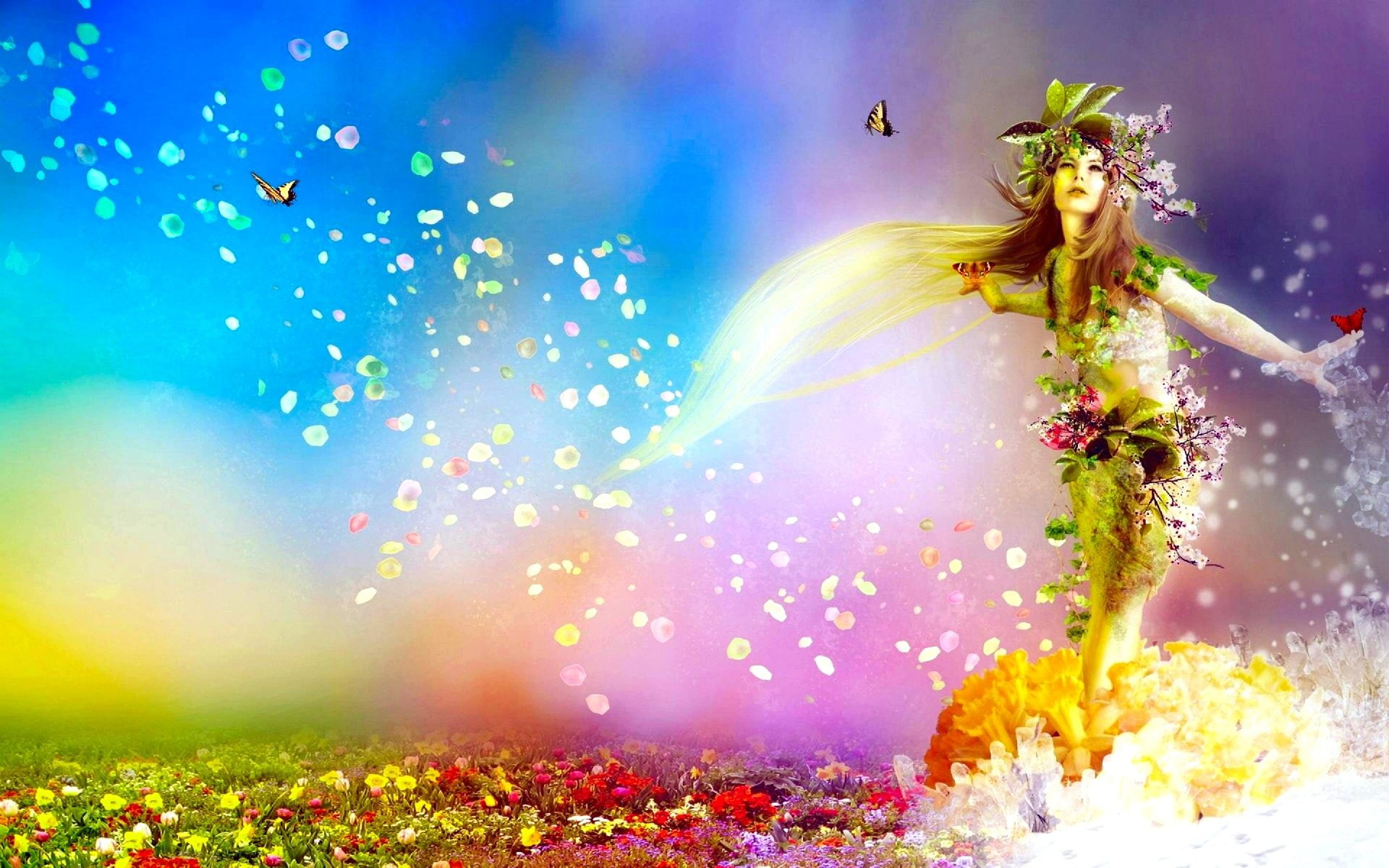 flowering plant, Women, motion, confetti, flying, plant, nature, 1080P, Magical, young adult, celebration, people, yellow, Pastel, Garden, blue, outdoors, HD Wallpaper