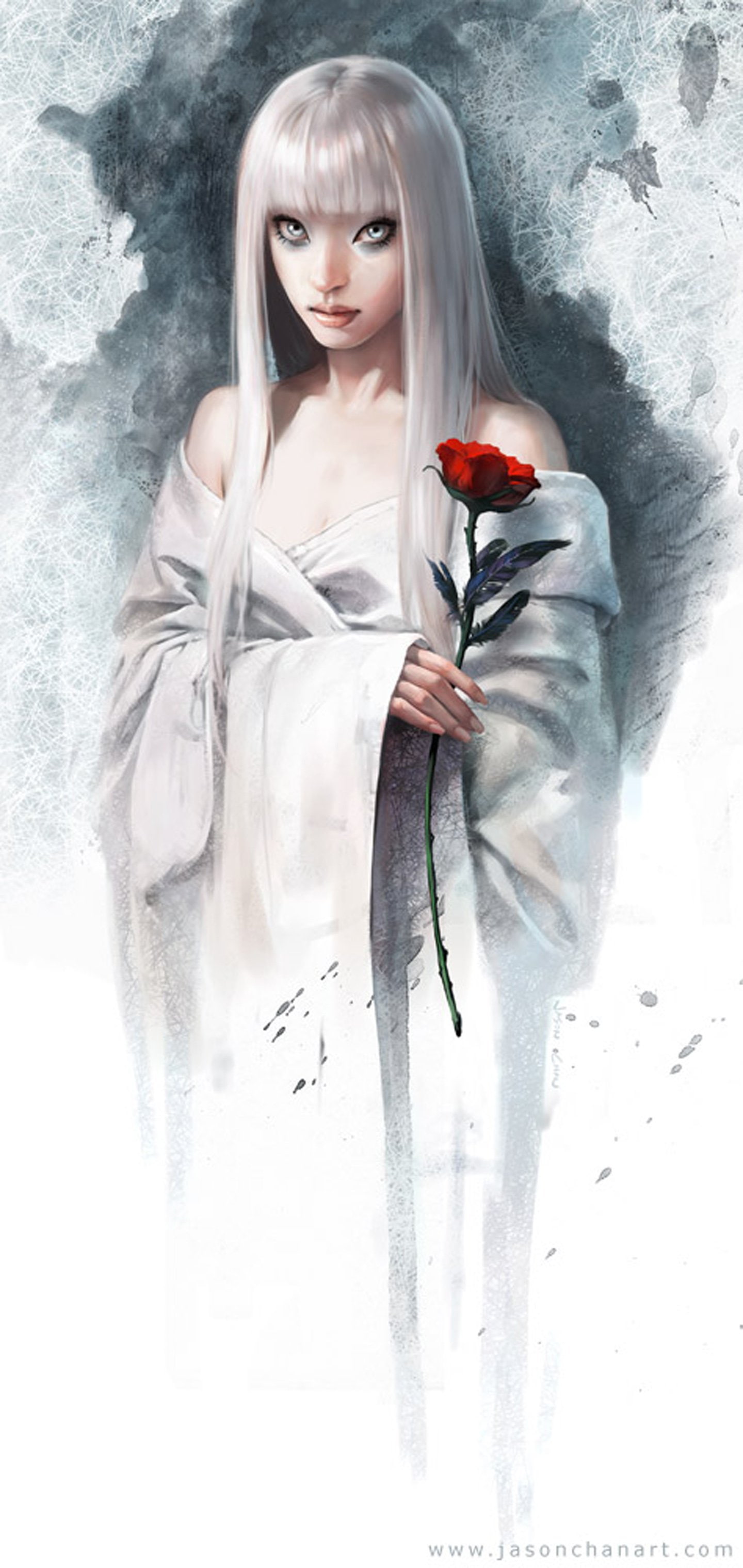 hair, white, 2K, beautiful, dress, girl, long, fantasy, rose, red, magic, Phone HD Wallpaper