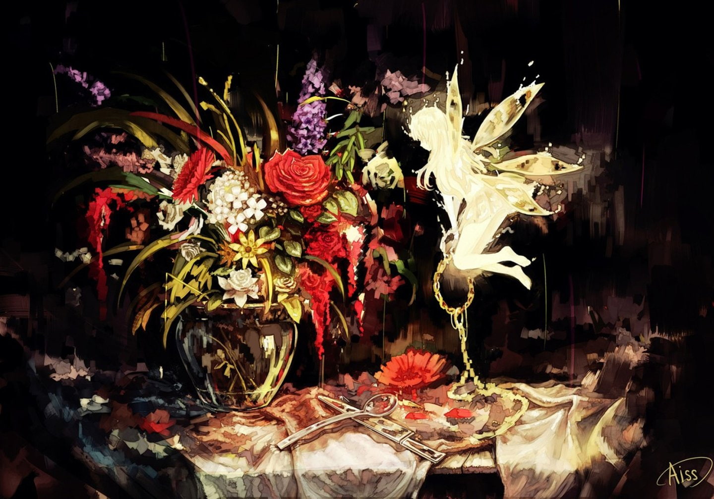 720P, fairy, color, amazing, rose, flower, magic, red, painting, girl, HD Wallpaper