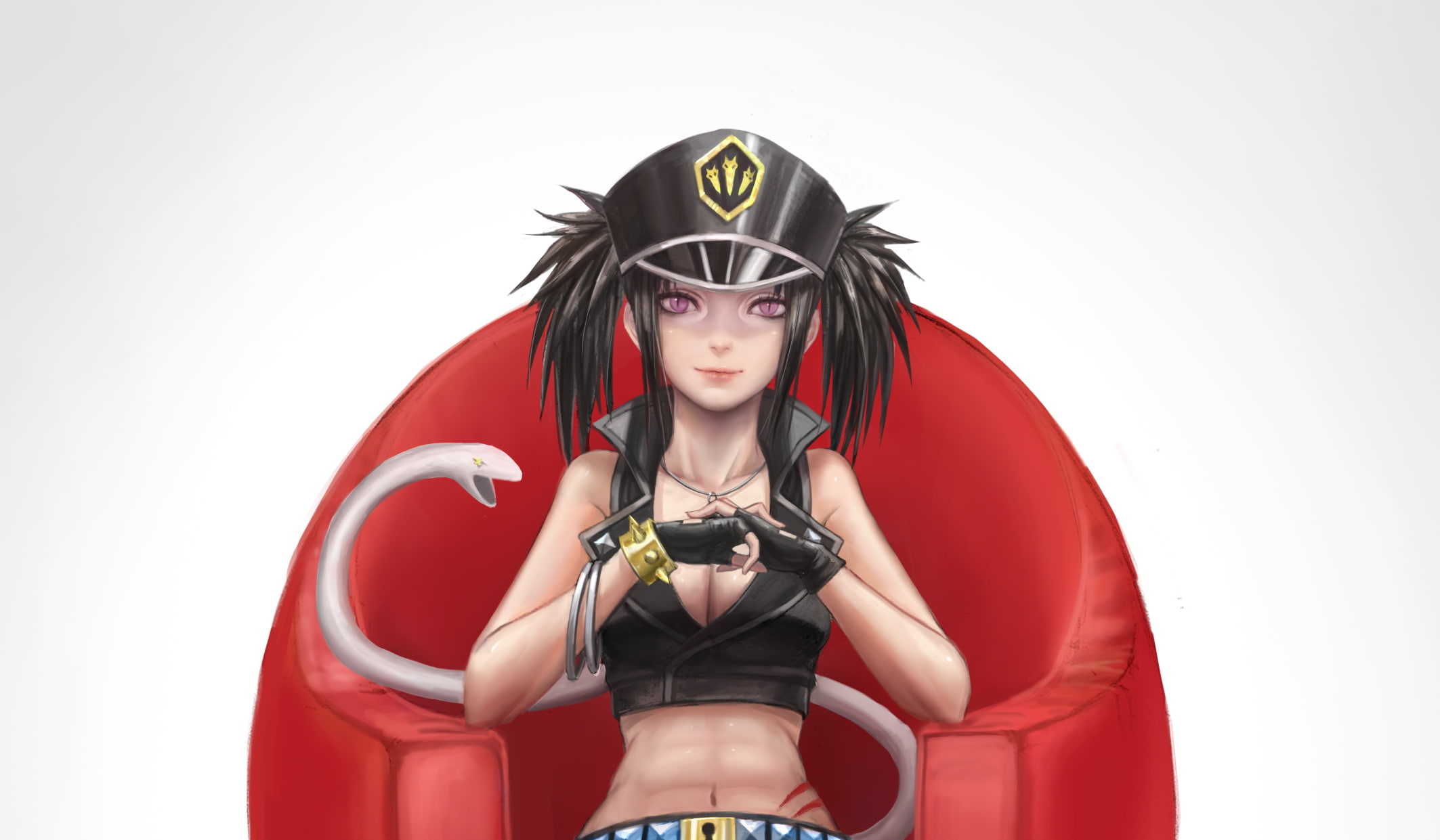 hat, cleavage, snake, navel, eyes, pink, black, white, animal, lad, twintails, gloves, berros, blood, necklace, zhouran, hair, 1080P, HD Wallpaper