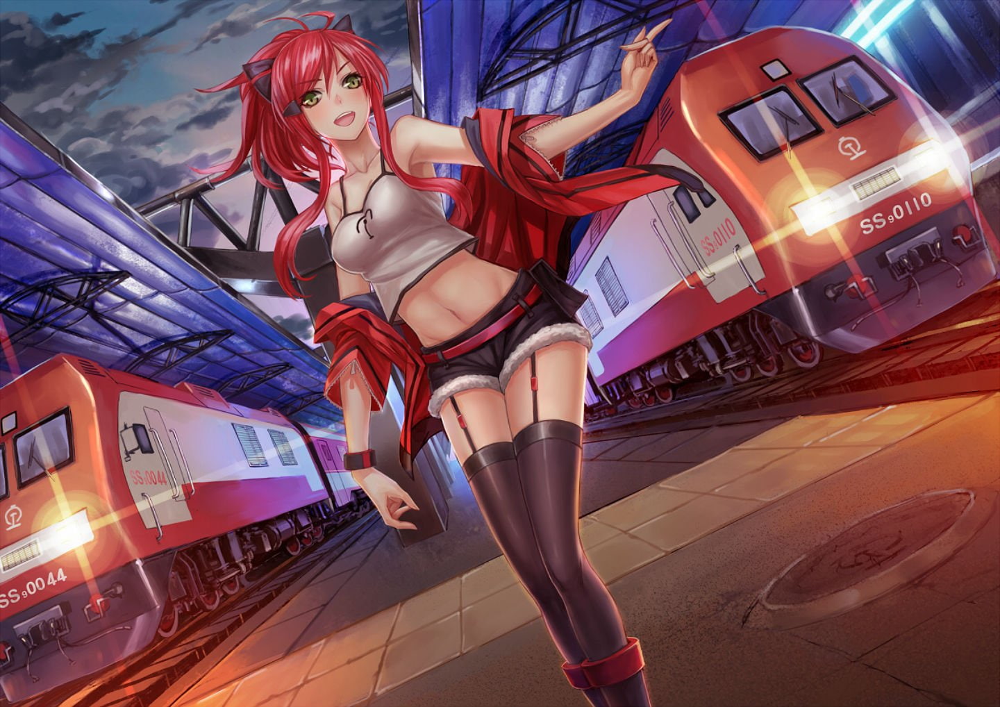 stockings, red, eyes, 720P, zhouran, ponytail, yellow, shorts, train, original, navel, hair, HD Wallpaper