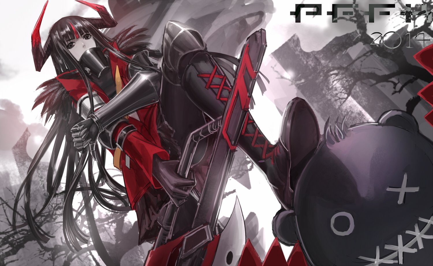 weapon, pixiv, fantasia, horns, 720P, zhouran, hair, eyes, boots, black, long, armor, HD Wallpaper