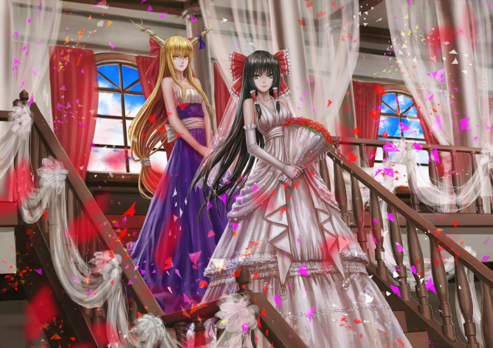 long, 720P, yellow, black, girls, stairs, touhou, zhouran, gloves, dress, suika, eyes, horns, brown, hair, ibuki, wedding, elbow, blonde, flowers, bow, HD Wallpaper