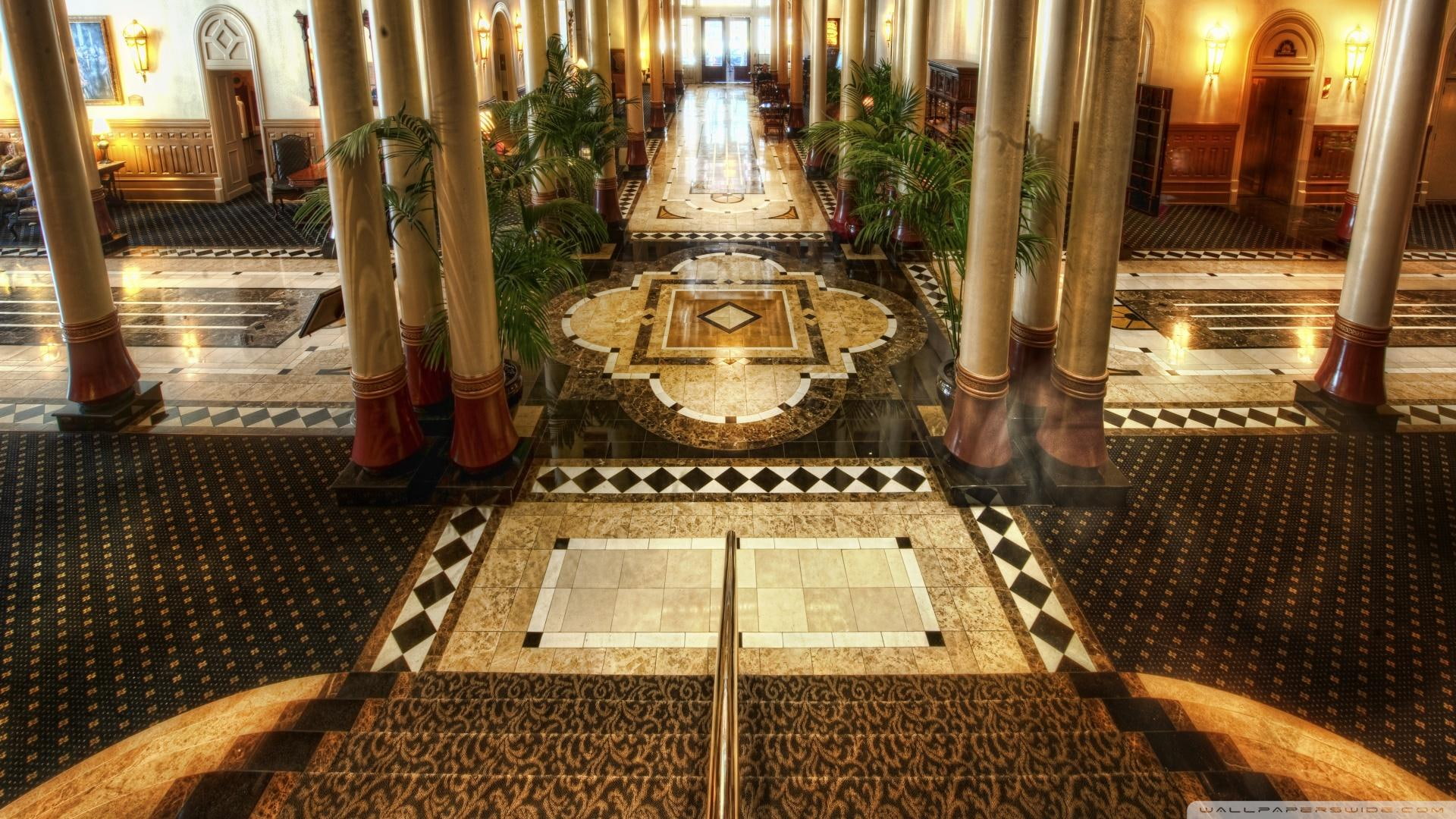 nature and landscapes, texas, hotel, driskill, marble, austin, lights, stairs, 1080P, lobby, HD Wallpaper