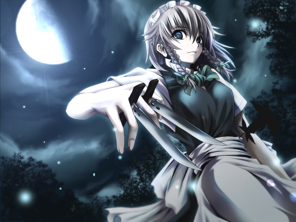hairstyle, Touhou, portrait, outdoors, illuminated, clothing, Izayoi Sakuya, one person, standing, anime girls, nature, silver colored, three quarter length, HD Wallpaper