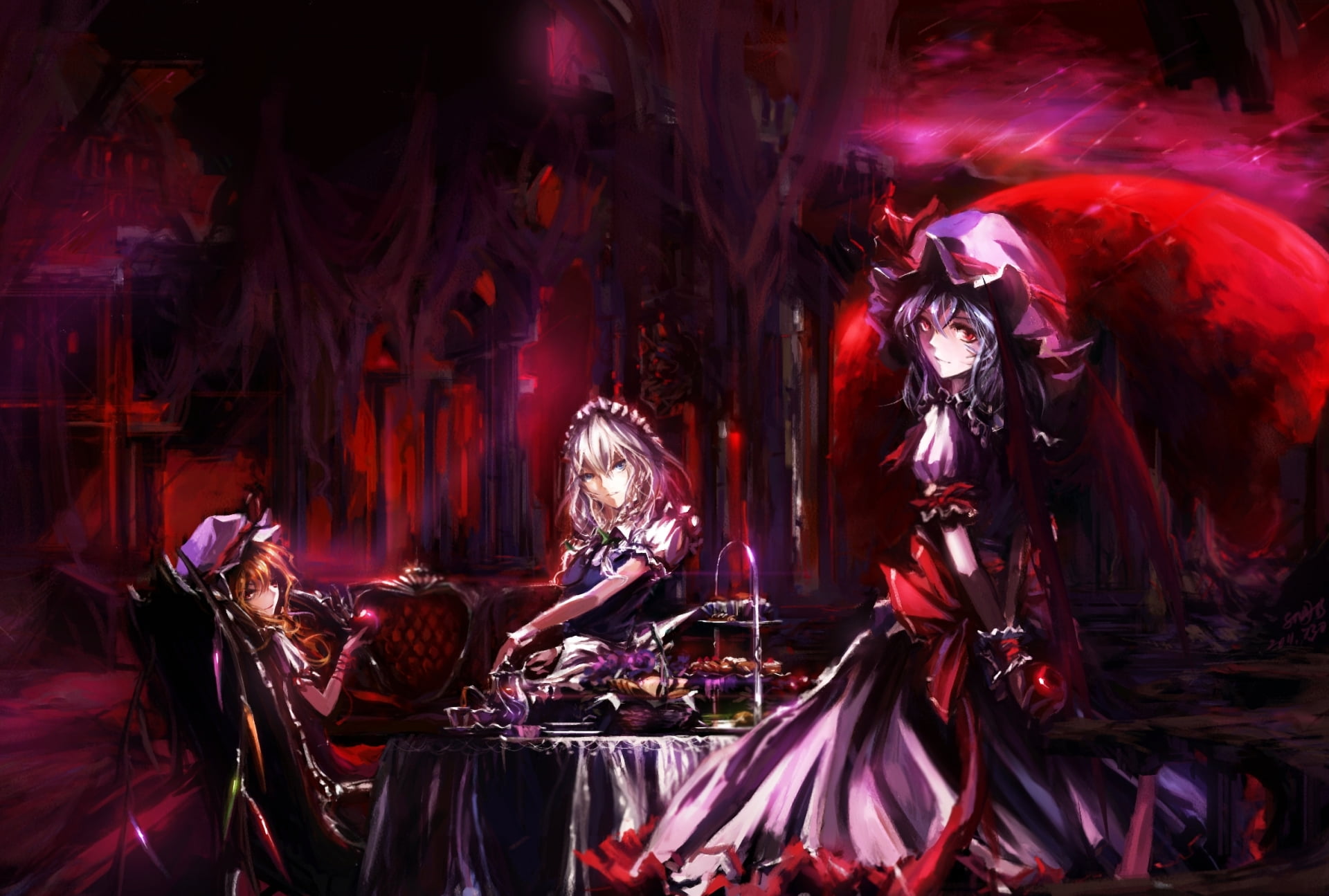 architecture, carnival - celebration event, Remilia Scarlet, night, costume, celebration, incidental people, arts culture and entertainment, illuminated, HD Wallpaper