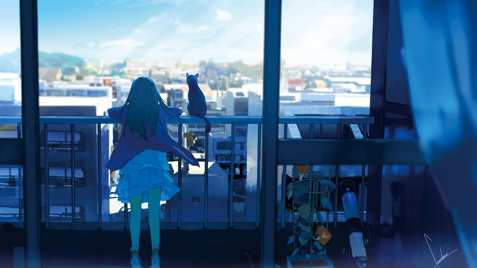 anime girls, cat, anime, original characters, 1080P, city, balcony, sky, window, HD Wallpaper