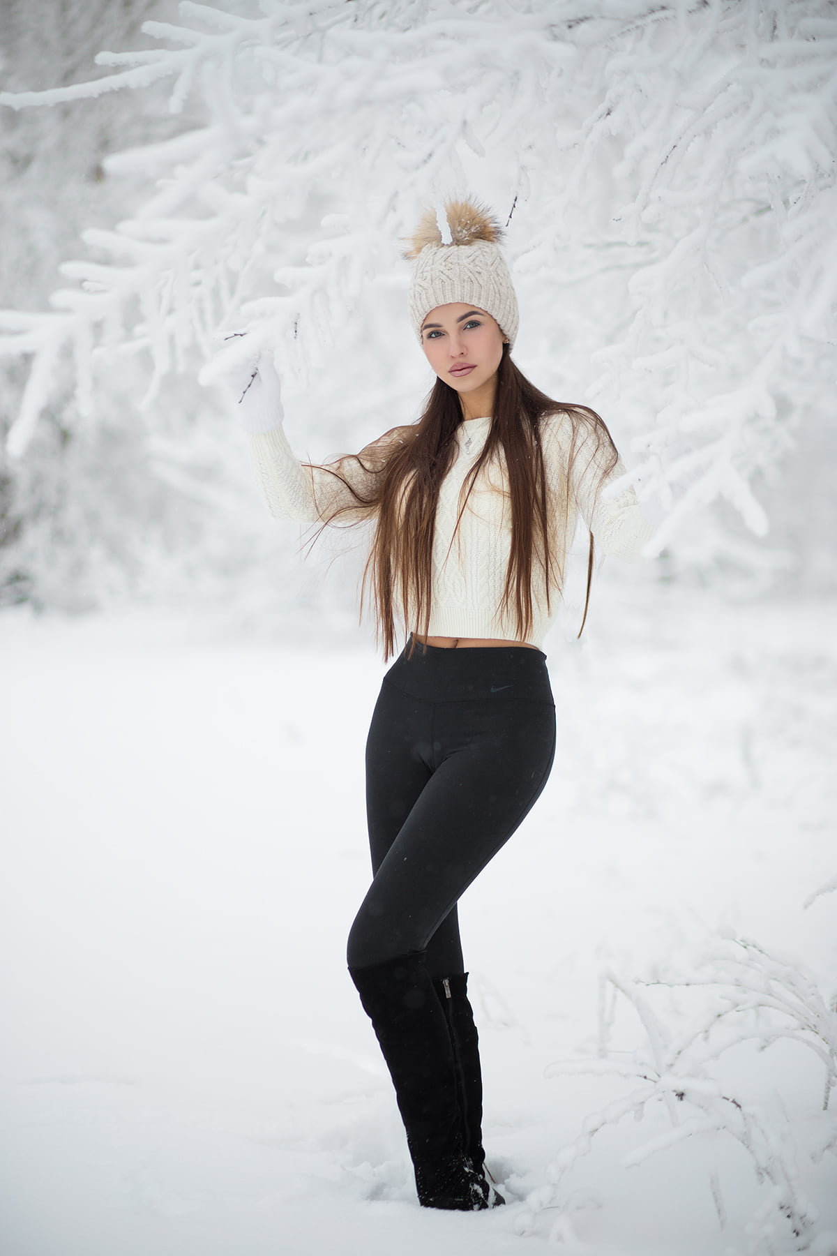 leggings, gloves, black boots, sweater, white, looking at viewer, women outdoors, necklace, knee-high boots, brunette, white sweater, arms up, long hair, Phone HD Wallpaper