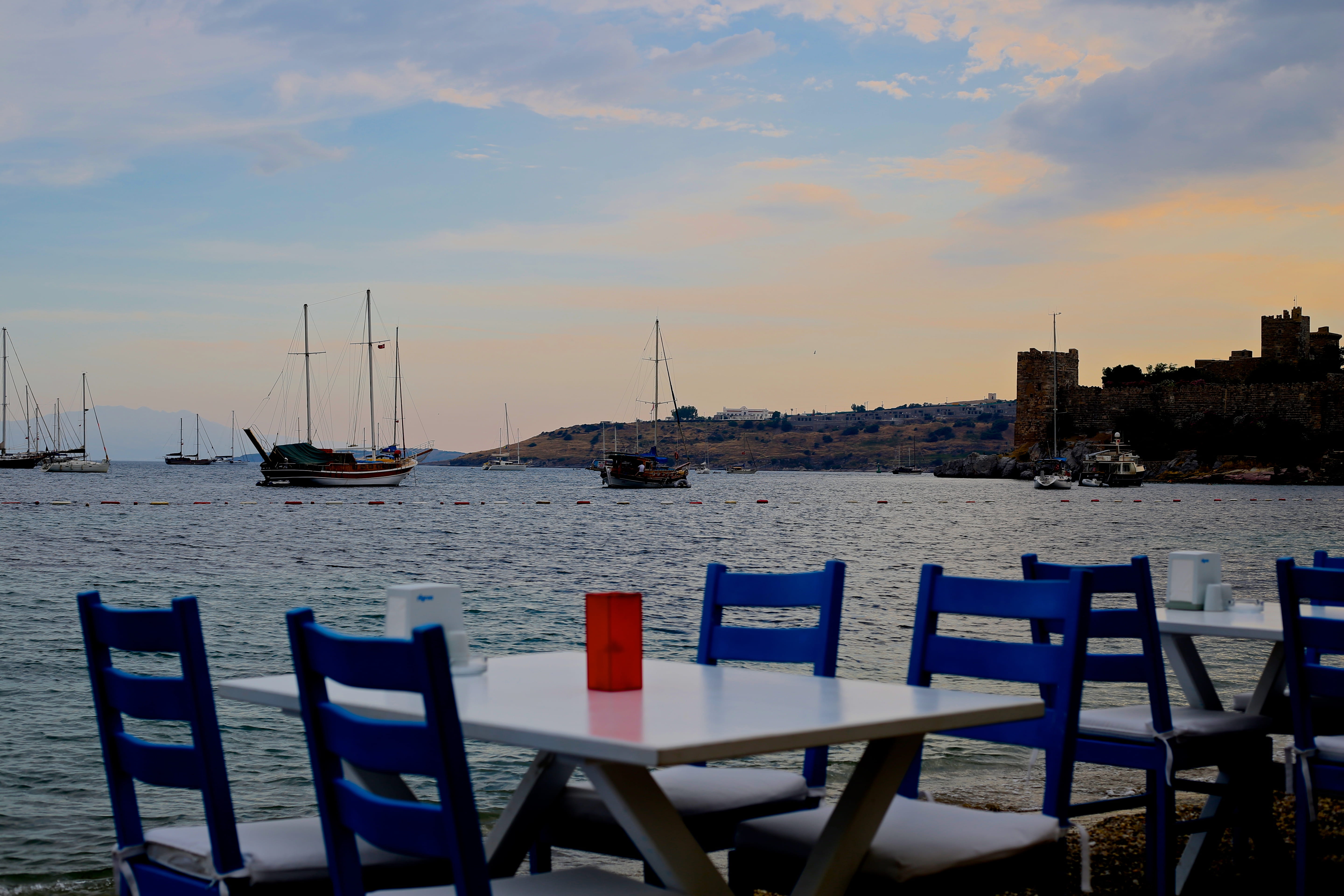 seat, chair, sky, no people, marina, bodrum, sailboat, cloud - sky, water, transportation, restaurant, mode of transportation, nautical vessel, table, sea, HD Wallpaper