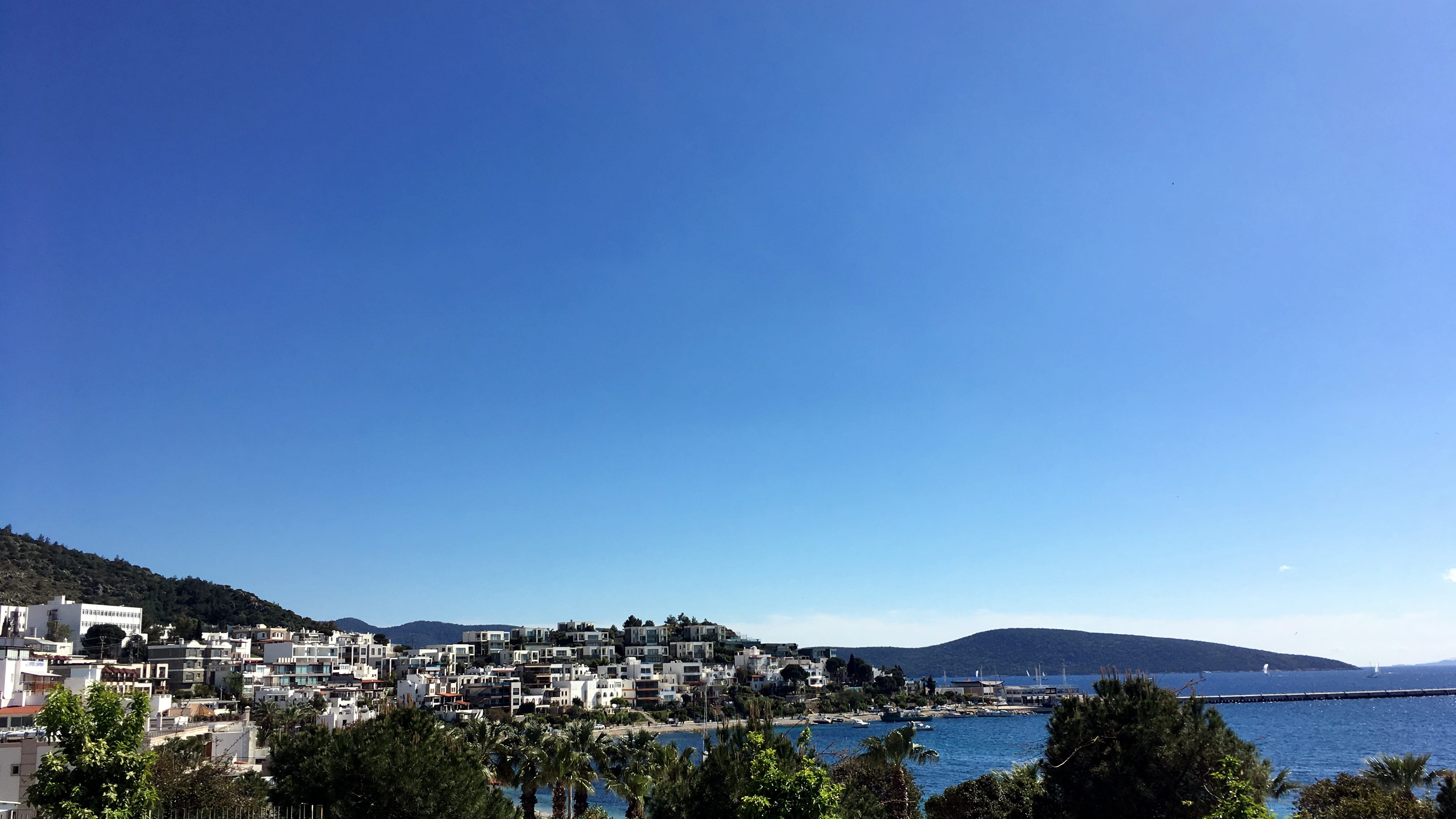 blue, scenics - nature, water, 4K, townscape, tree, white, architecture, sea, türkiye, sky, city, outdoors, building exterior, no people, clear sky, aegean, HD Wallpaper