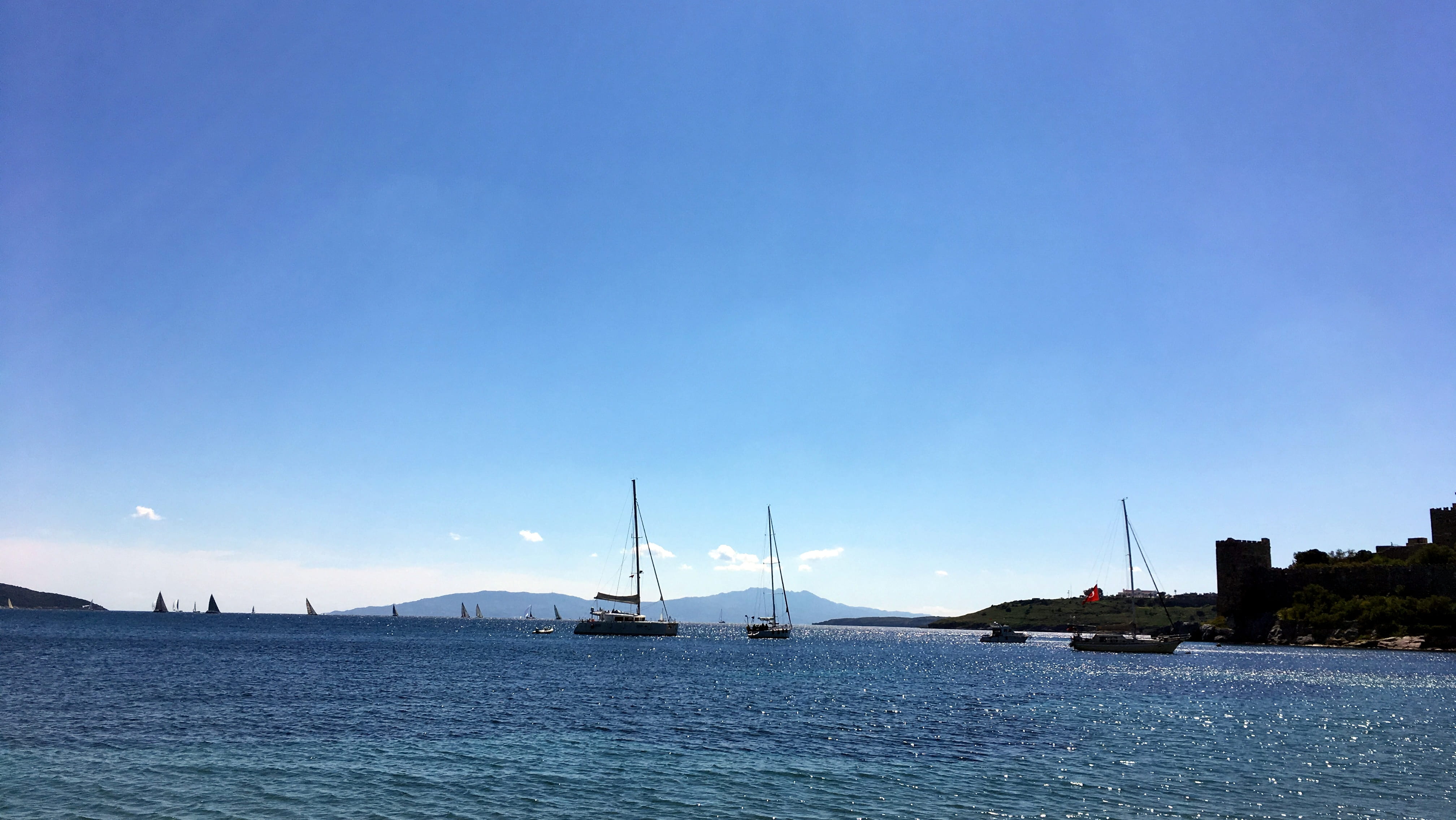 mast, outdoors, castle, water, sky, pole, türkiye, muğla, transportation, sea, tranquil scene, copy space, bodrum, sun, nautical vessel, sailboat, blue, HD Wallpaper