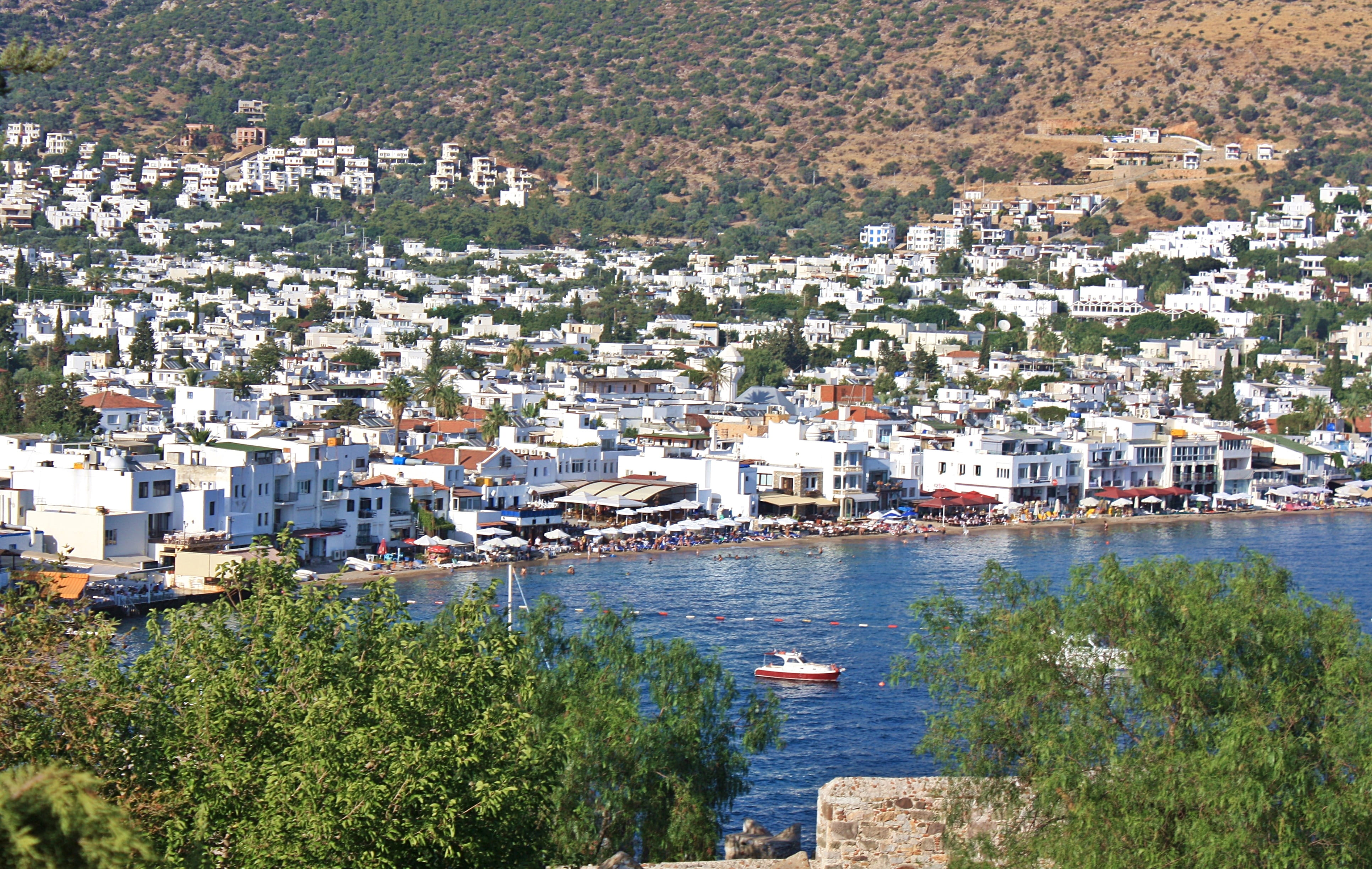 town, haven, ships, cityscape, built structure, tree, settlement, community, day, land, sea, aegean sea, summer, coastline, europe, architecture, building exterior, HD Wallpaper