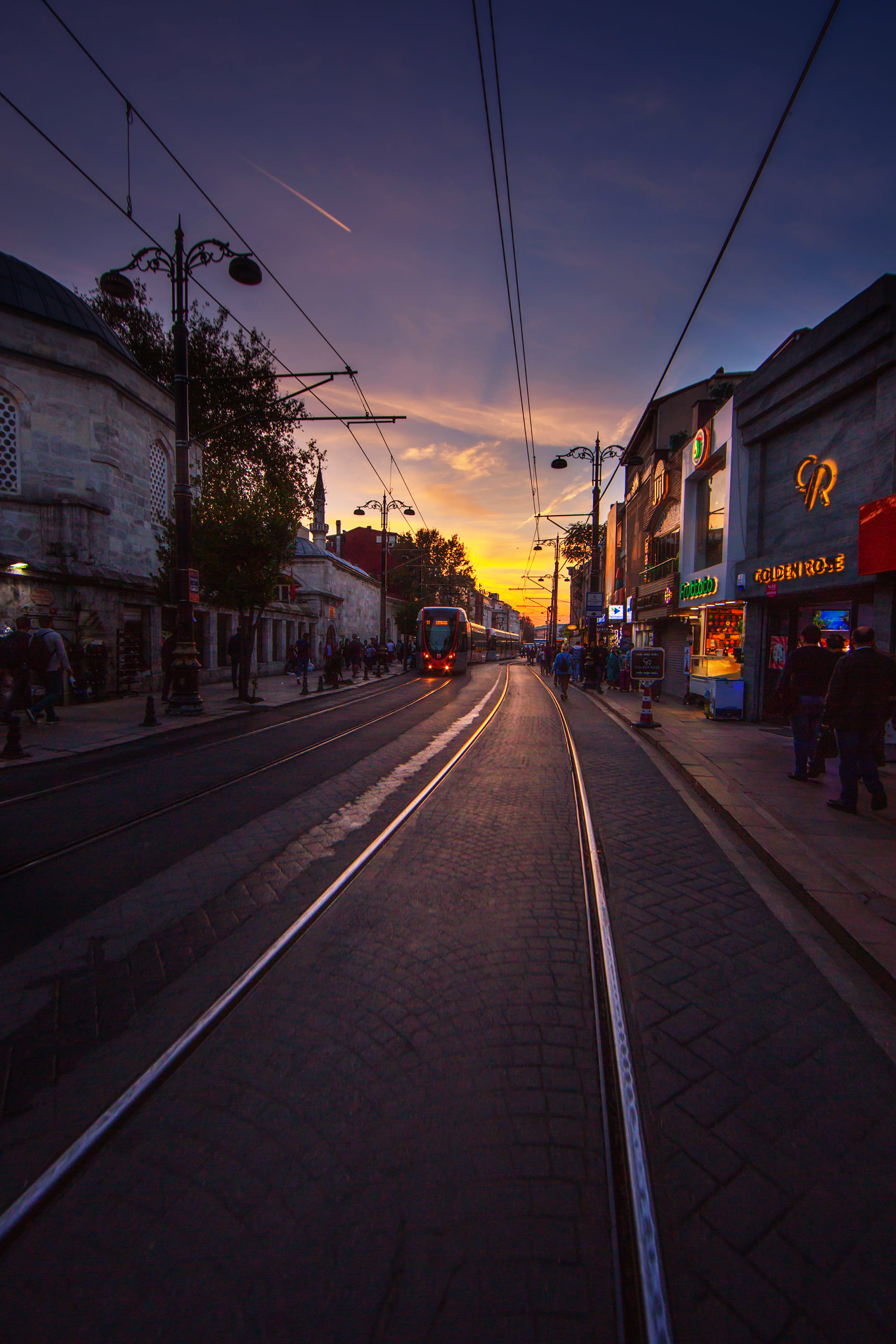 built structure, 2K, city, architecture, turkey, outdoors, cloud - sky, dusk, mode of transportation, tram lines, hour, road, sky, direction, electricity, Phone HD Wallpaper