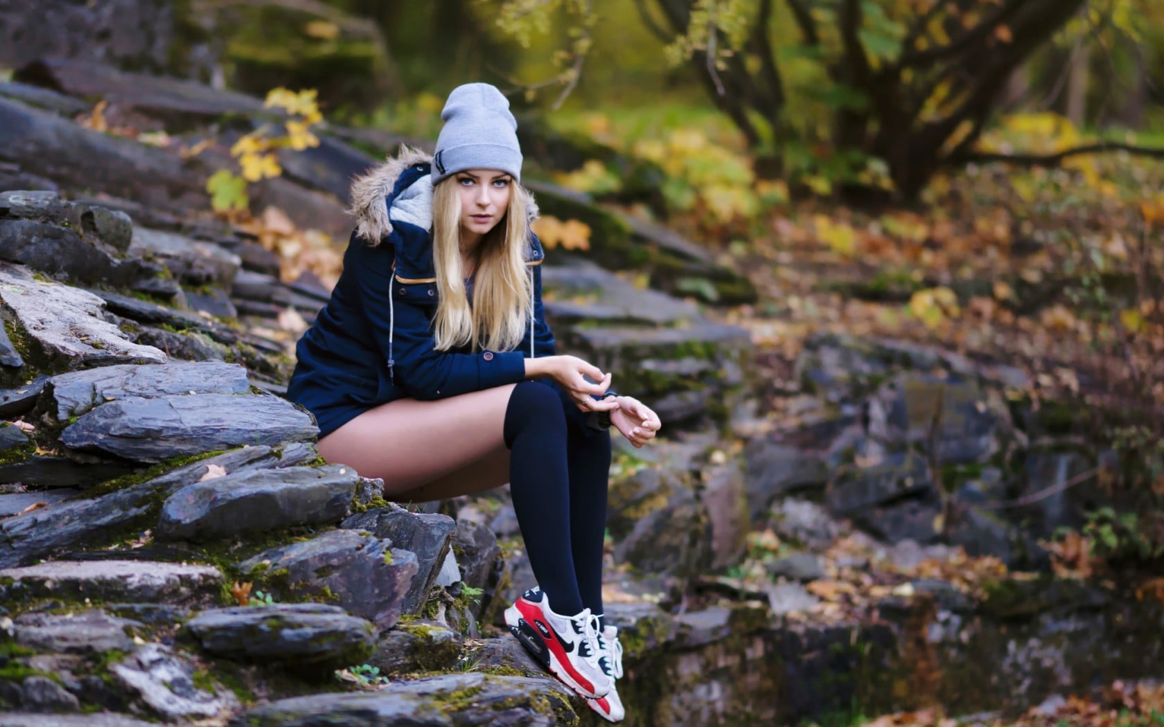 leisure activity, lifestyles, jacket, full length, day, casual clothing, knit, knee-highs, 720P, clothing, beautiful woman, s, rock, looking at viewer, HD Wallpaper