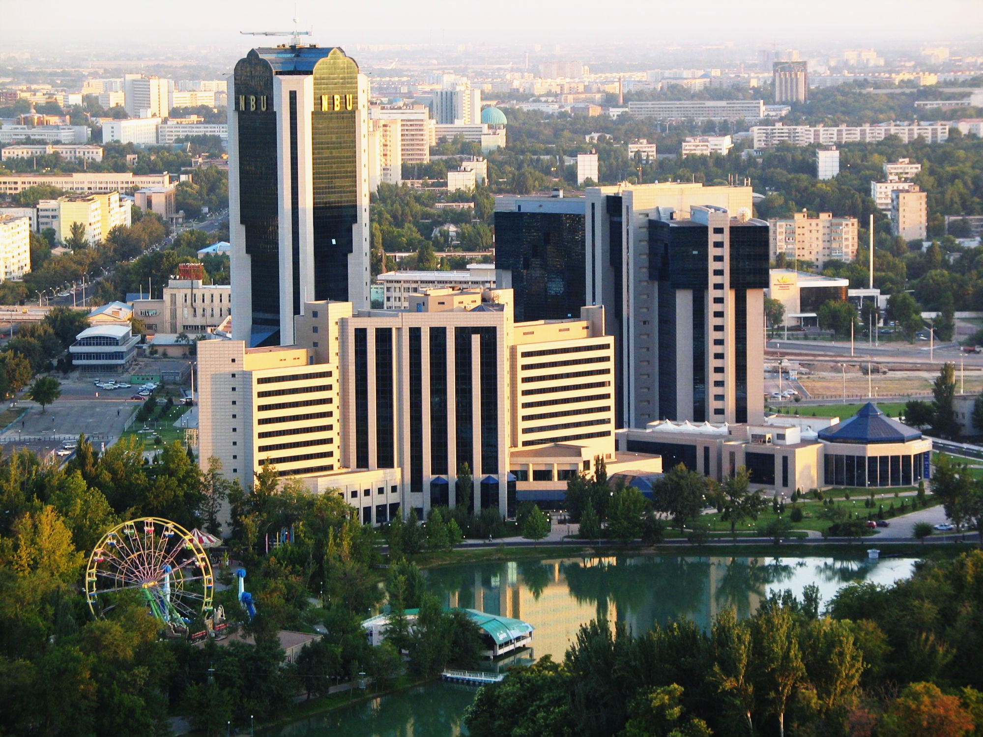 aerial View, urban Scene, sunset, scenics, no people, day, city, financial district, skyscraper, Tashkent, tower, river, famous Place, office Building, HD Wallpaper