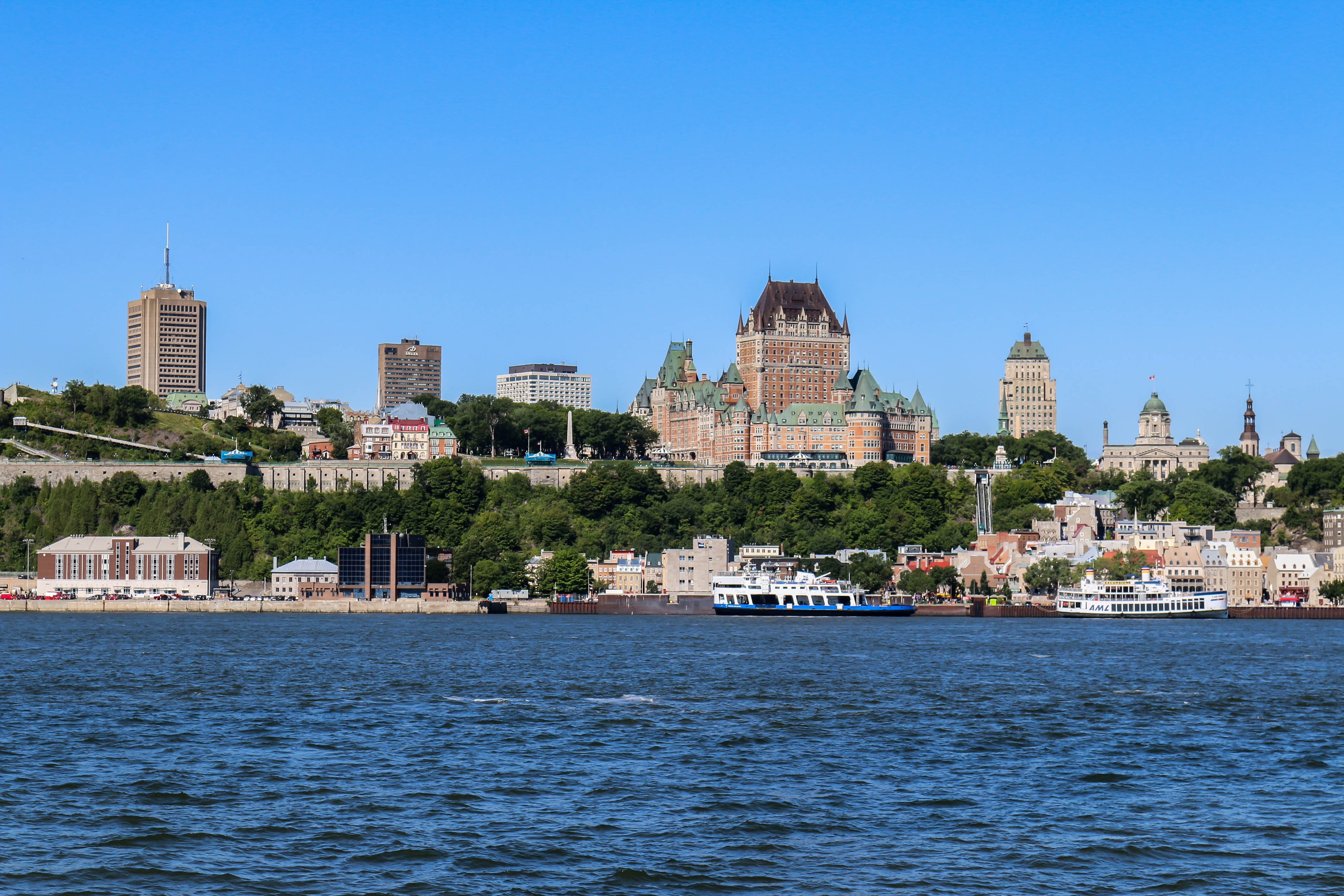 travel destinations, waterfront, blue, architecture, skyscraper, cityscape, tower, building exterior, panoramic image, big city, canada, water, office building exterior, HD Wallpaper