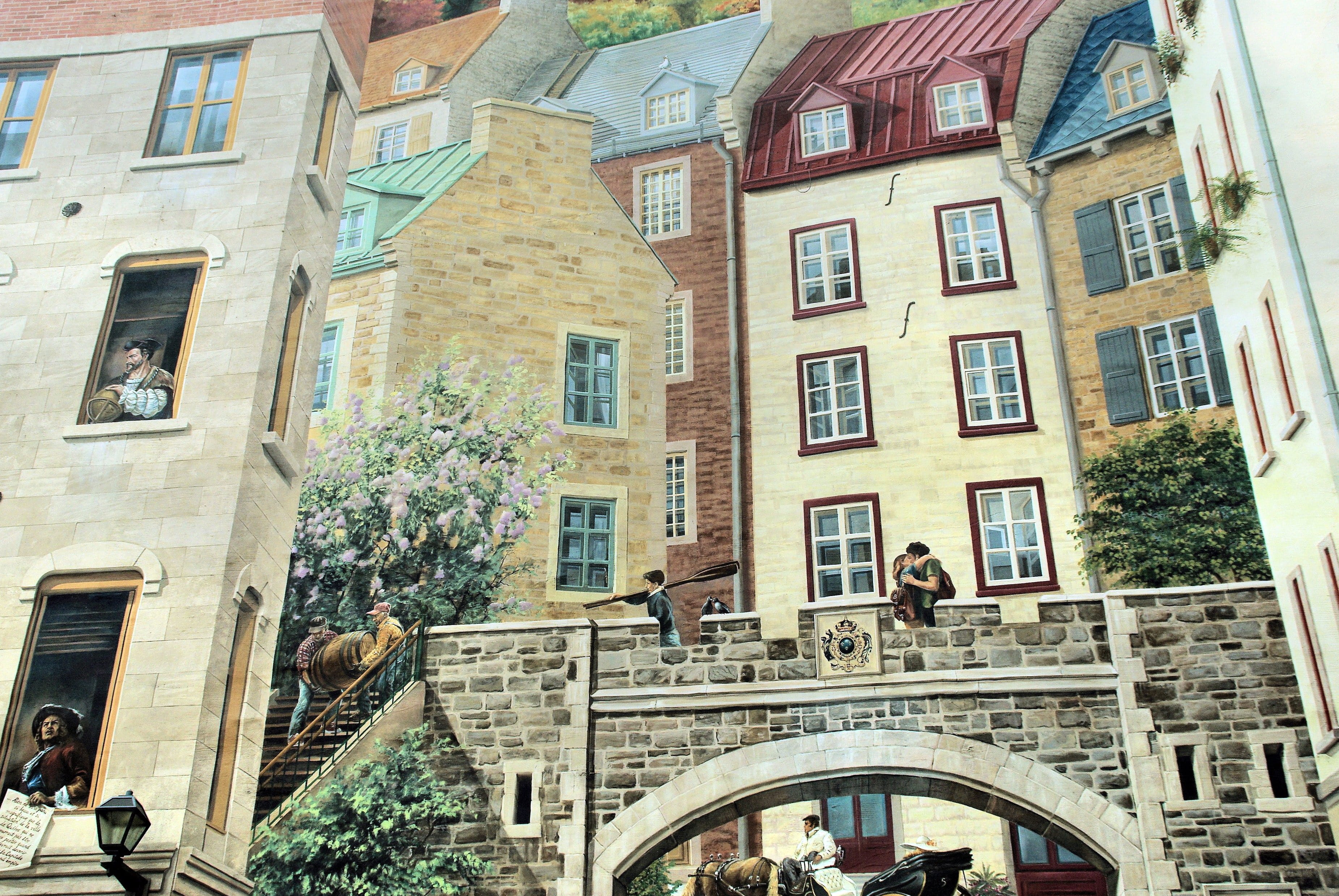 nature, decoration, plant, arch, city, paintings, building exterior, quebec, architecture, window, 2K, reflection, history, building, day, fresco, no people, HD Wallpaper