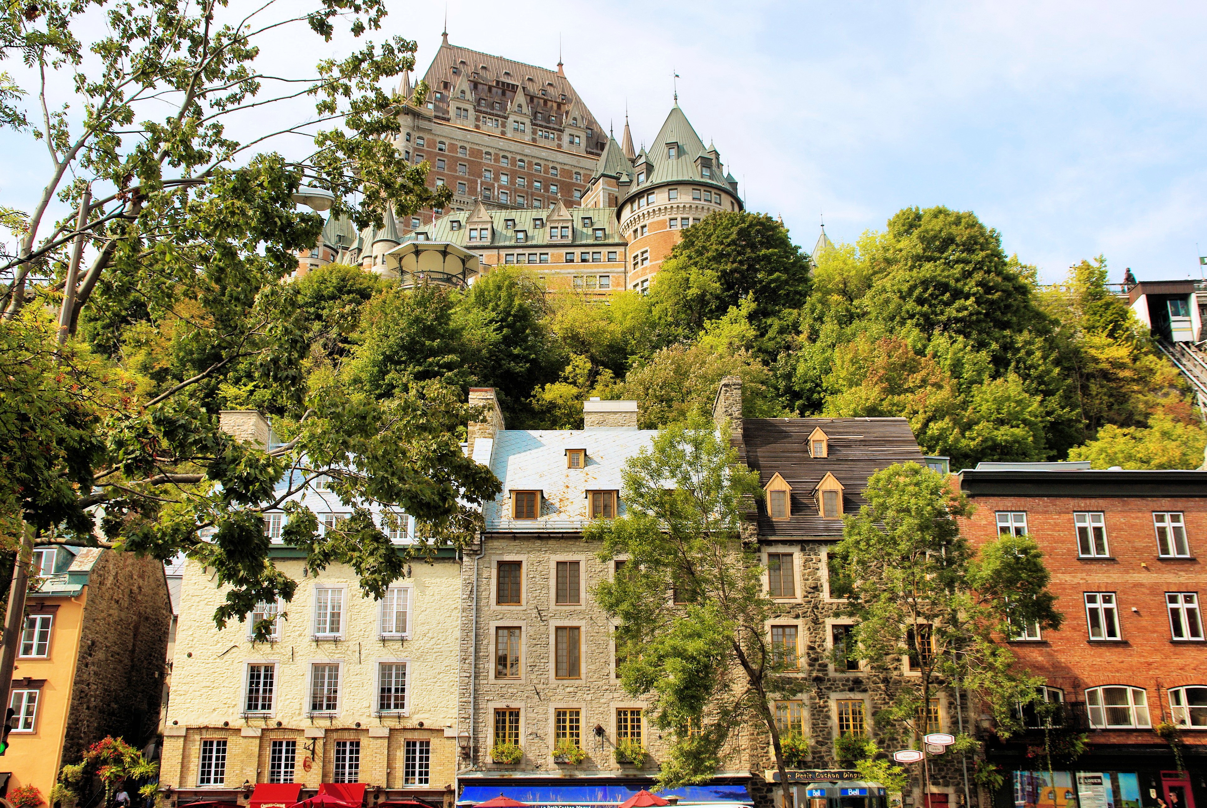 growth, urban Scene, sky, famous Place, built structure, old quebec, tree, architecture, quebec, travel destinations, building, green, frontenac, outdoors, HD Wallpaper