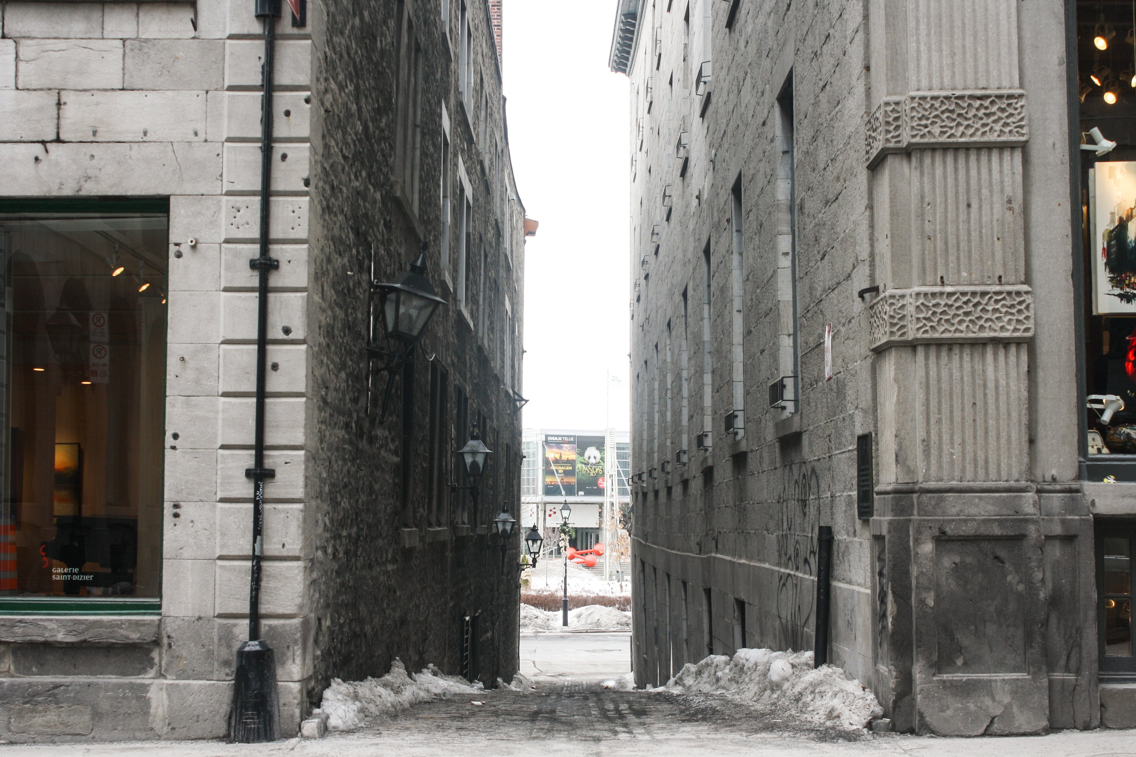 buildings, landmark, alley, building exterior, business, old, historic, outdoors, the way forward, footpath, attraction, street, snow, antique, montreal, HD Wallpaper