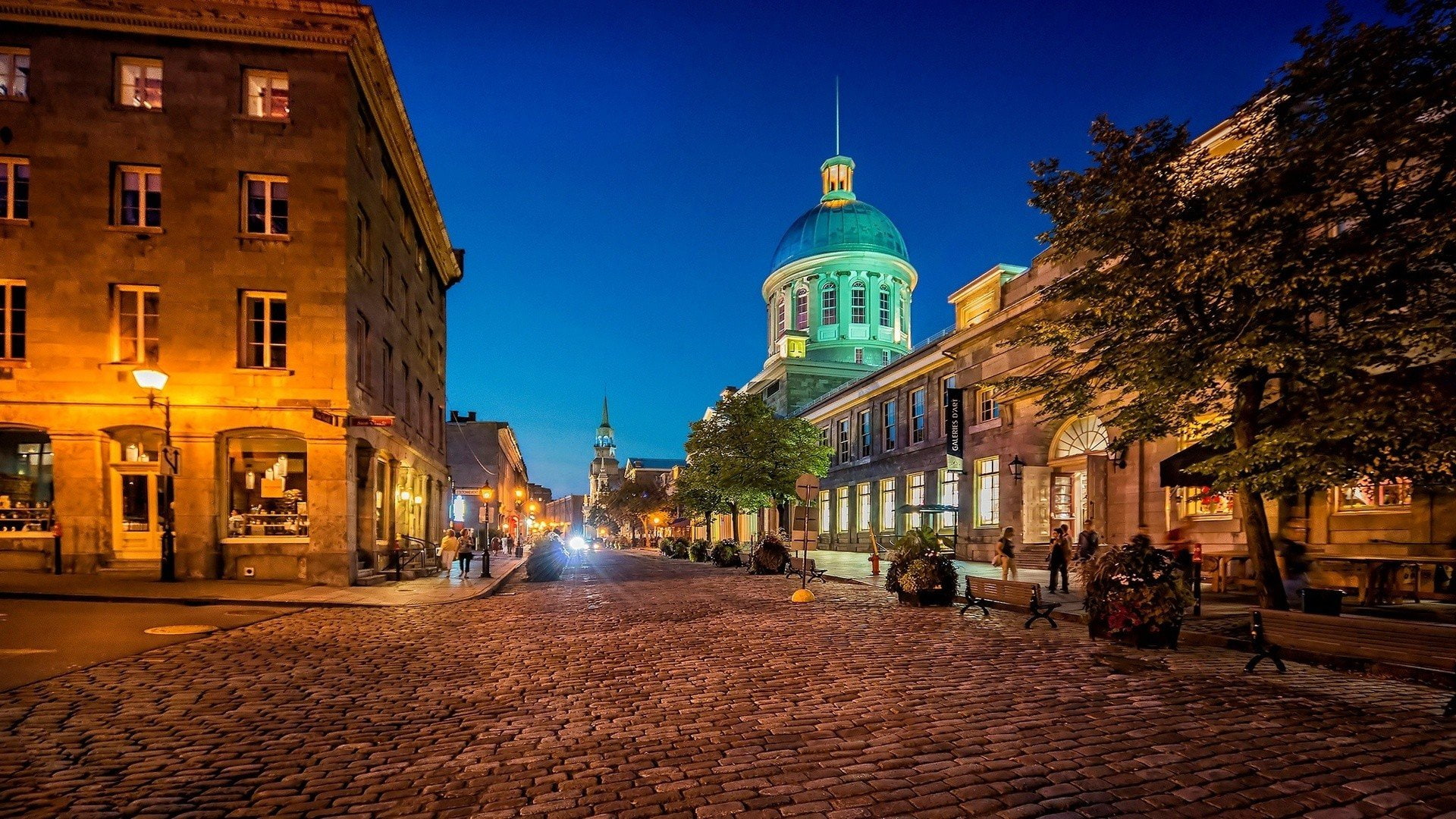 Lights, Old Building, street, tower, People, Canada, Quebec, architecture, Trees, Street Light, 1080P, church, city, night, Cityscape, Montreal, Long Exposure, HD Wallpaper