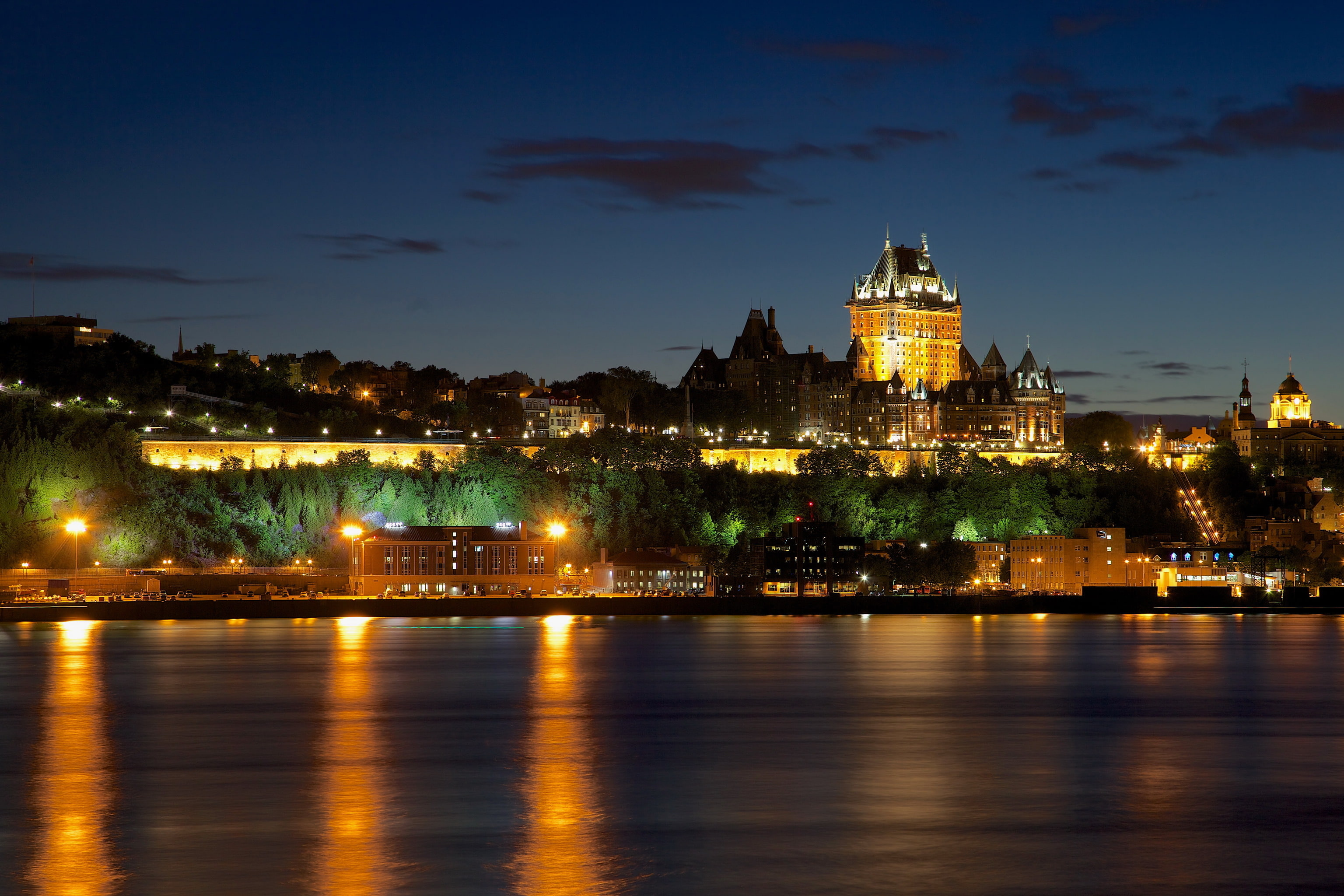 Canada, street, city, 2K, home, Frontenac, Quebec, castle, Church, architecture, chateau, trees, Night, QC, night., HD Wallpaper