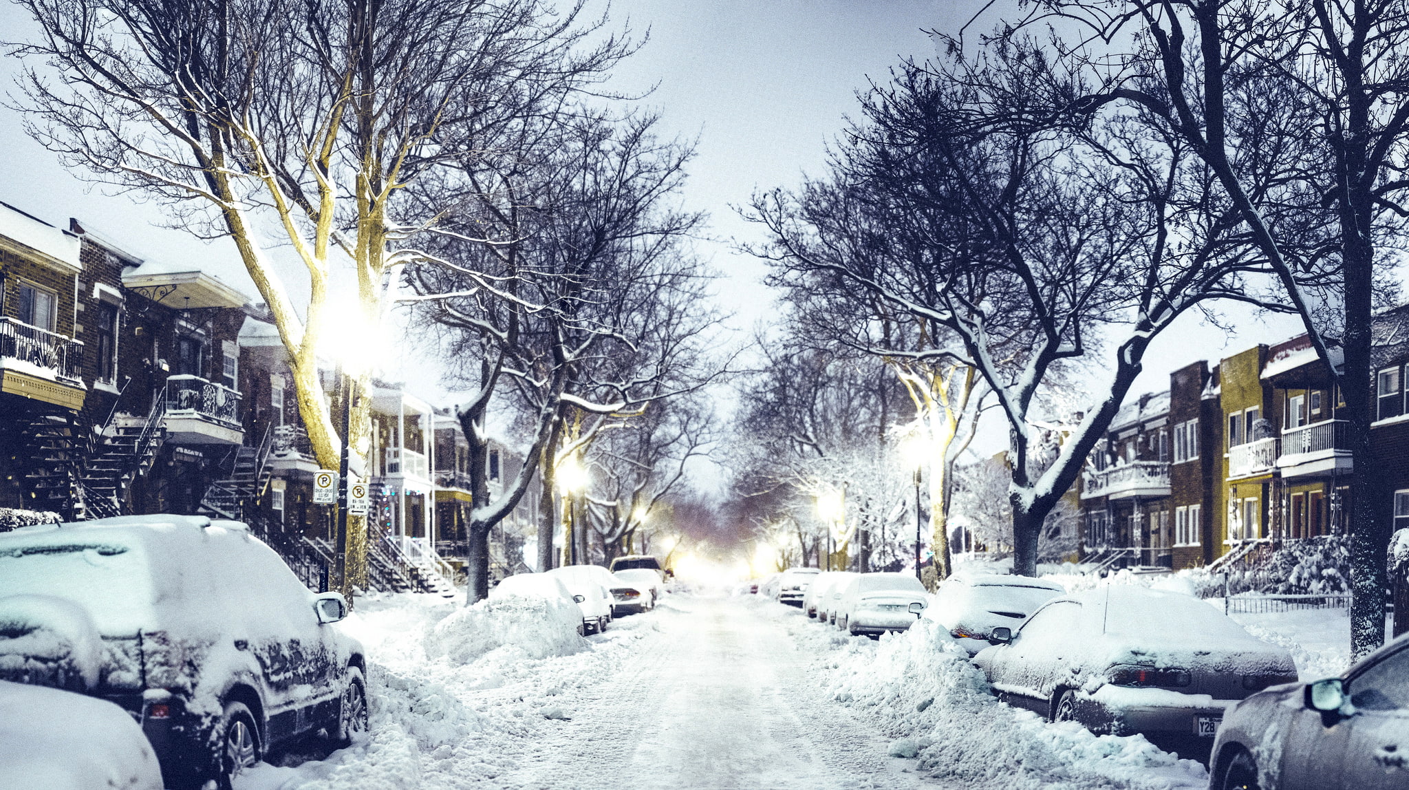 road, snow, 1080P, street, Canada, machine, home, winter, the evening, the city, Quebec, lights, QC, HD Wallpaper