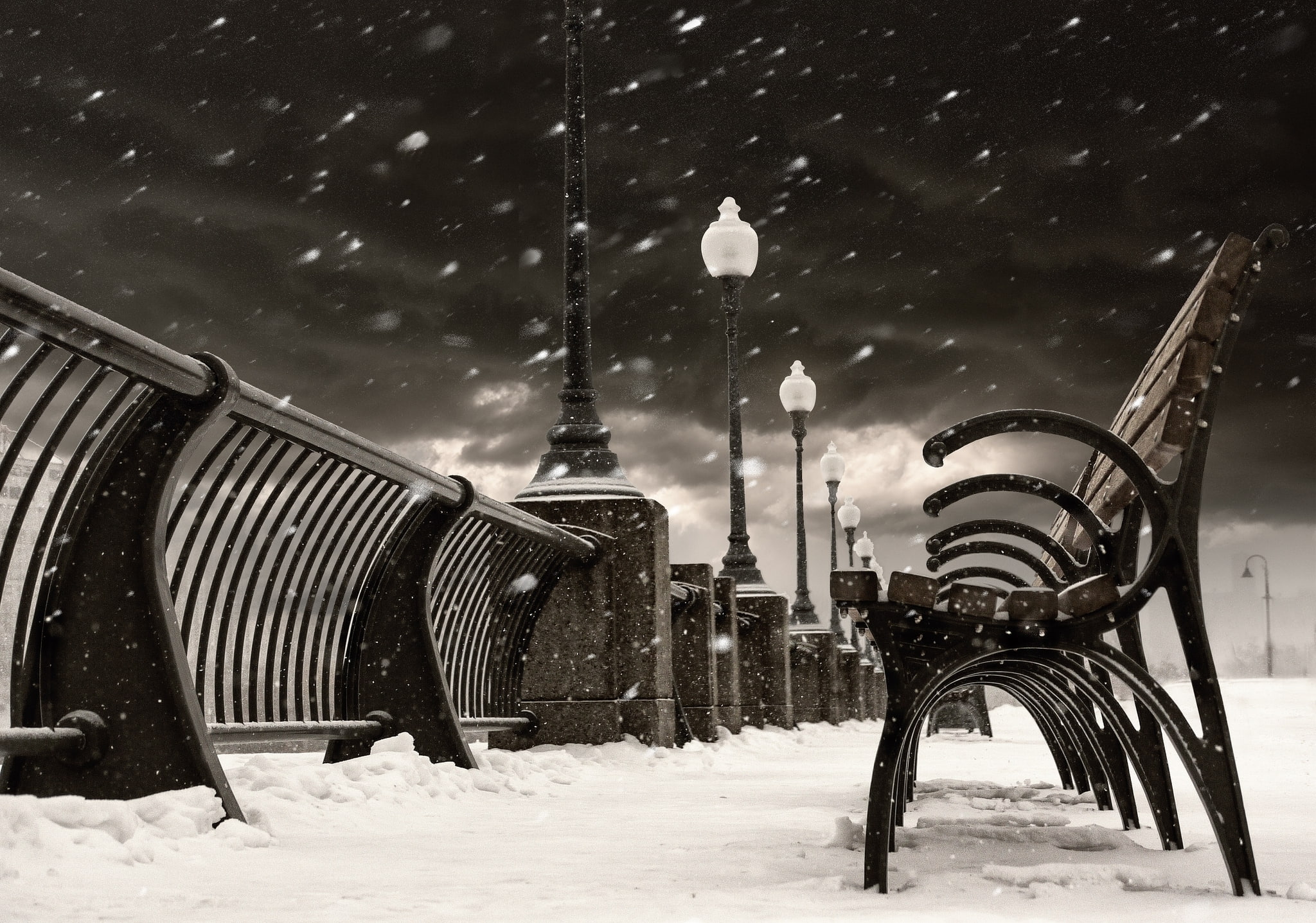 frame, QC, Quebec, brown, street light, no people, scenics - nature, wooden, sky, black, winter, 1080P, cold temperature, bench, outdoors, illuminated, HD Wallpaper