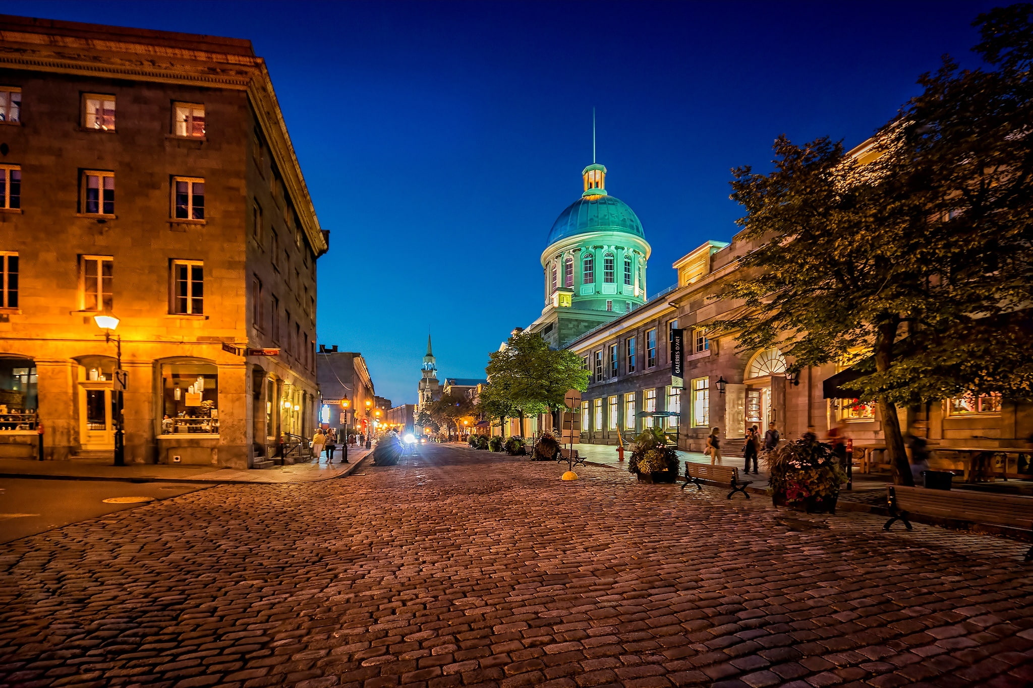 shop, benches, street, the city, Canada, night, 1080P, QC, Montreal, Quebec, lights, pavers, HD Wallpaper