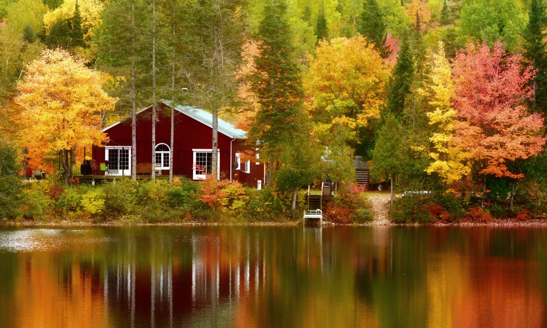 1080P, Canada, autumn, lake, Quebec, house, Mont-Tremblant, QC, trees, HD Wallpaper