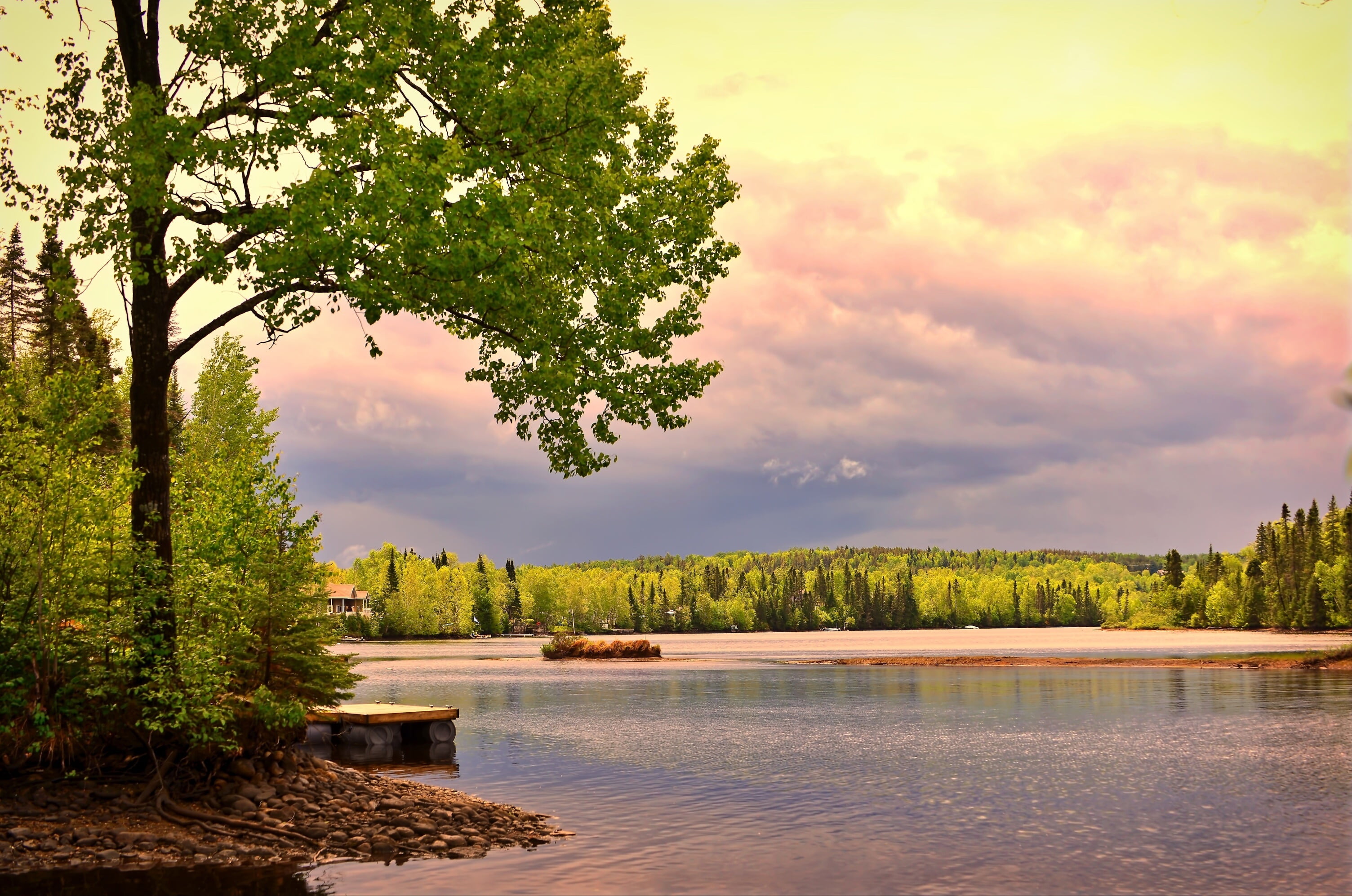 lake, QC, sunset, 2K, shore, landscape, nature, Canada, stones, trees, forest, HD Wallpaper