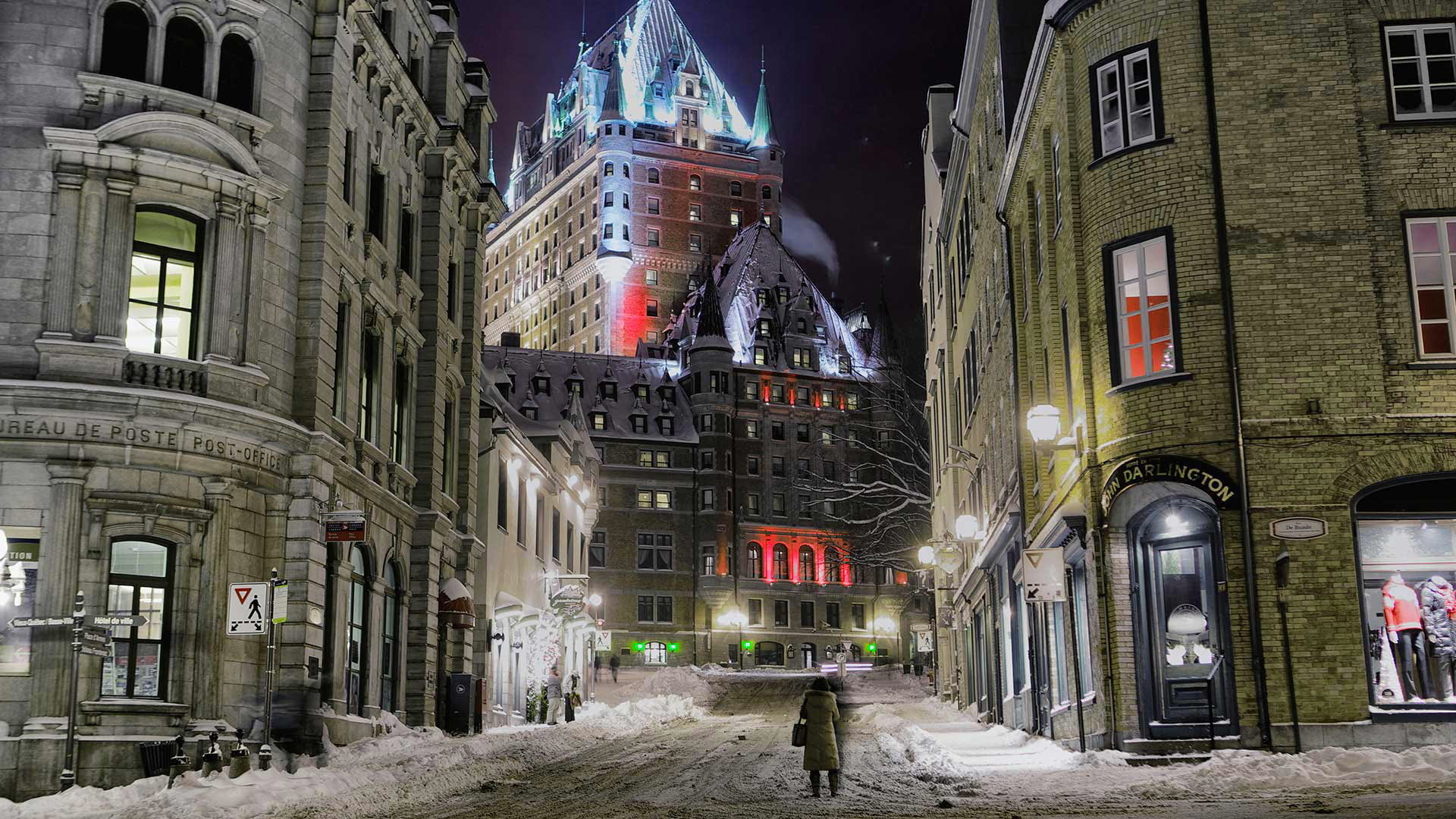 home, Canada, lights, winter, the château Frontenac, 1080P, QC, night, street, HD Wallpaper
